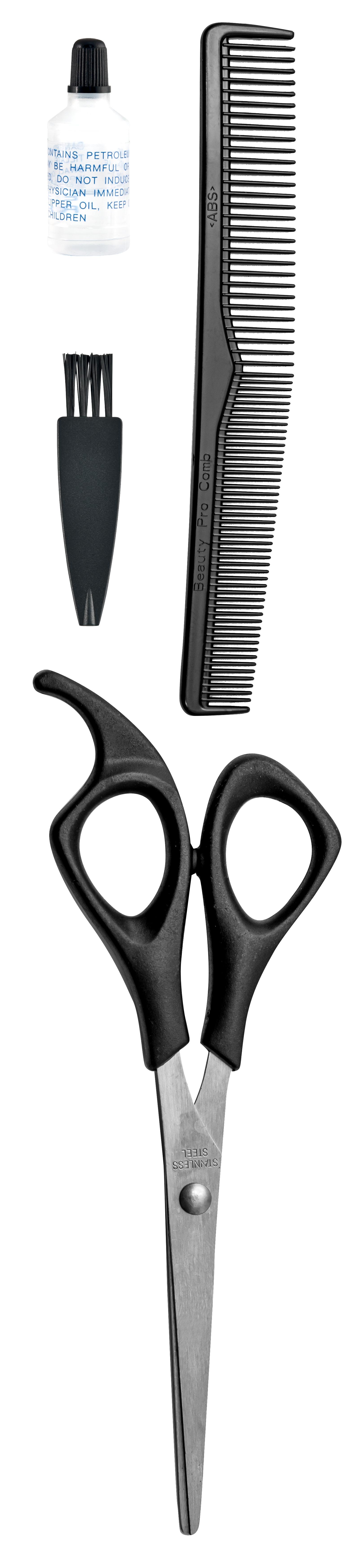 Friseurwerkzeuge: ein Kamm, eine Schere, eine Bürste und eine Flüssigkeitsflasche.