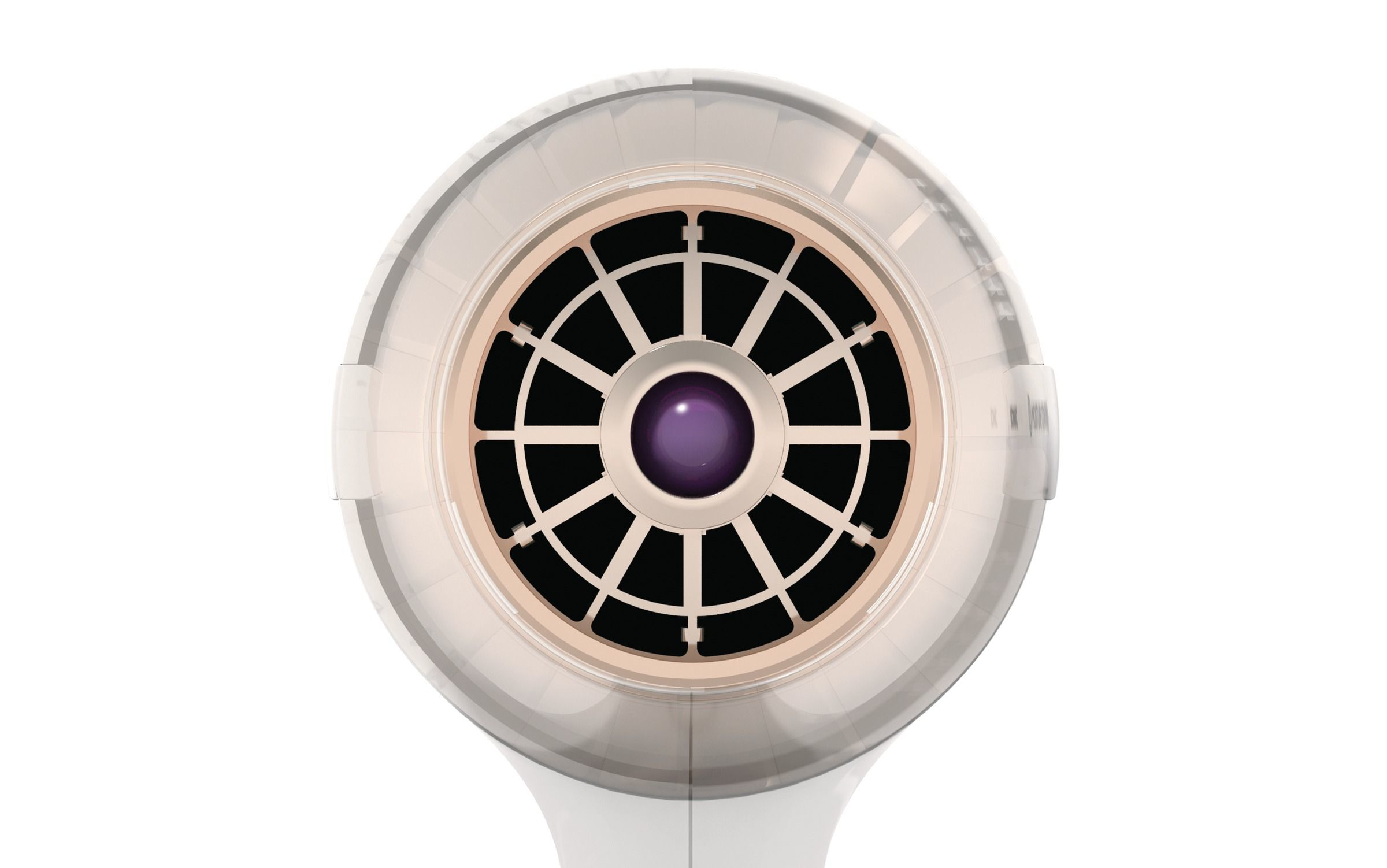 Close-up van de inlaat van een haardroger, met een ventilator en filter met een paars centrum en een heldere buitenring.