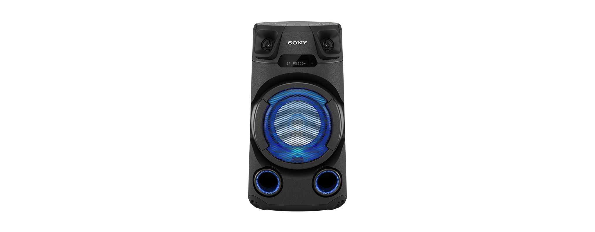 Fekete hangszóró kék fénnyel a közepén, fekete háttérrel, Sony logóval.