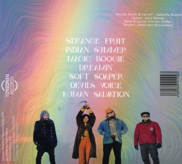 Albumcover mit Band, Songtiteln auf der Rückseite. Mehrfarbig, mit Bandnamen.