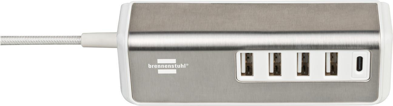 Weißer und silberfarbener USB-Hub mit mehreren USB-Anschlüssen und einem USB-C-Anschluss.