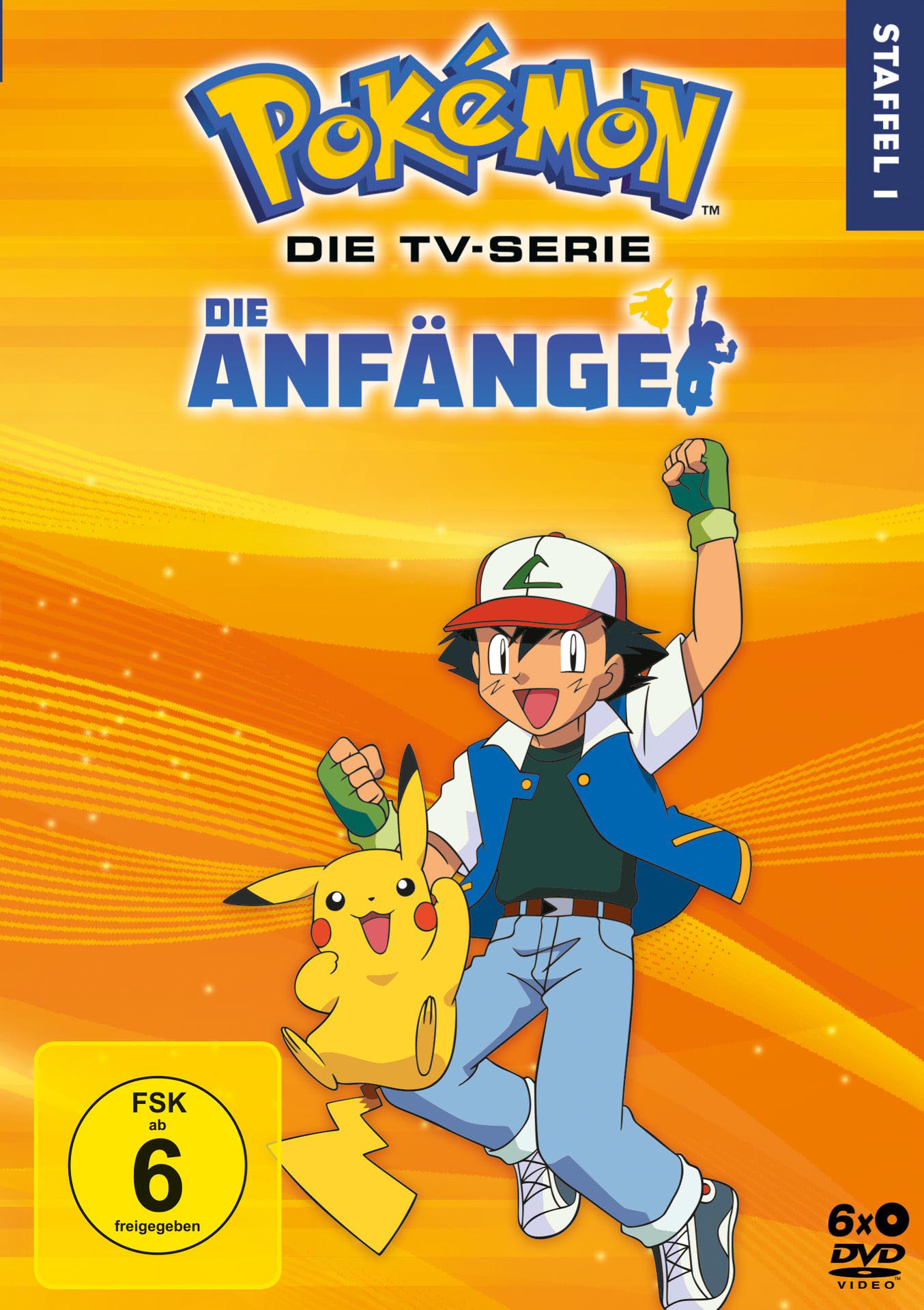 DVD-Cover von Pokémon. Ash und Pikachu sind im Vordergrund. Oranger Hintergrund.