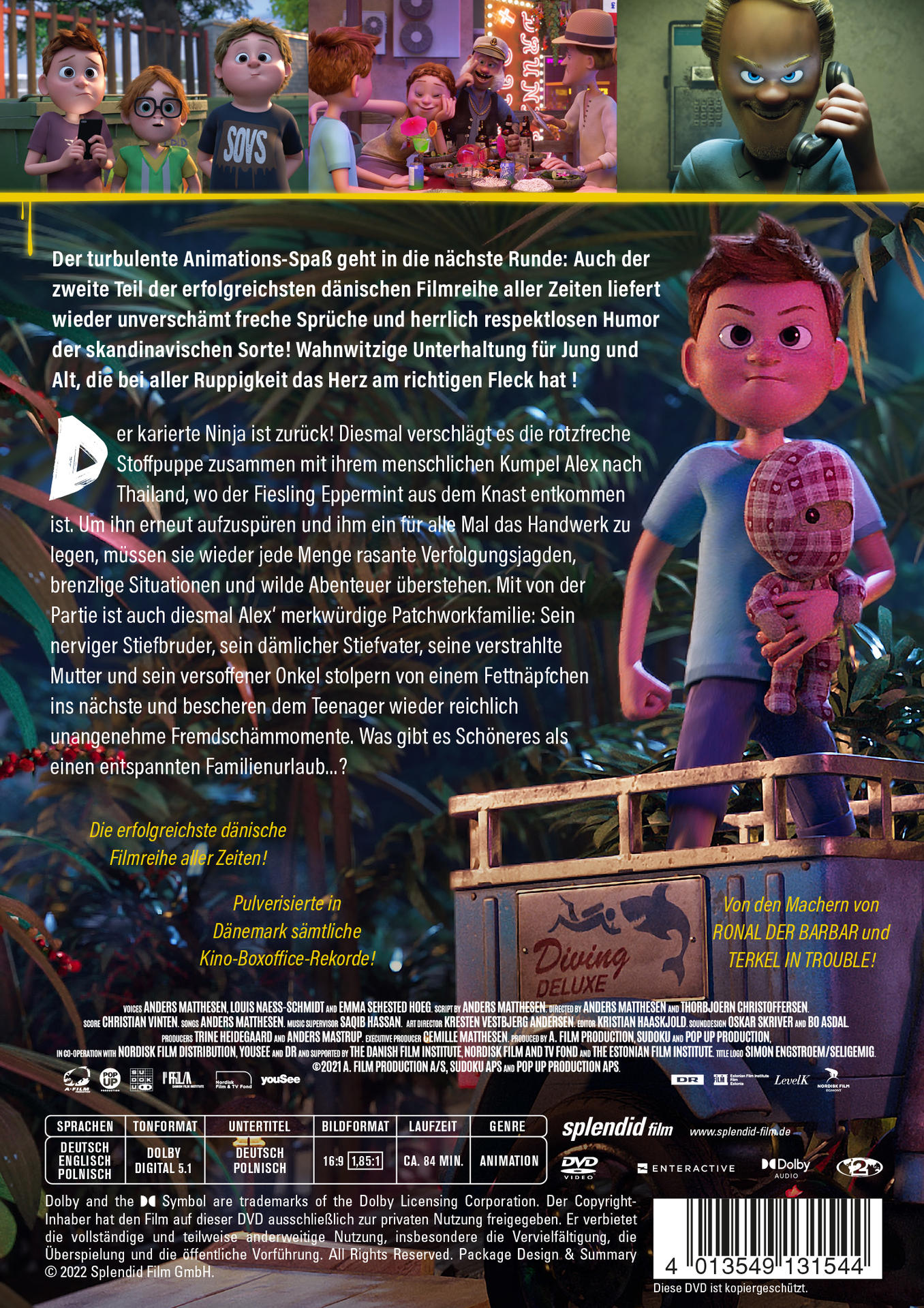 Cartoon-Filmplakat. Ein Junge mit einer Puppe blickt den Betrachter an. Andere Charaktere im Hintergrund.