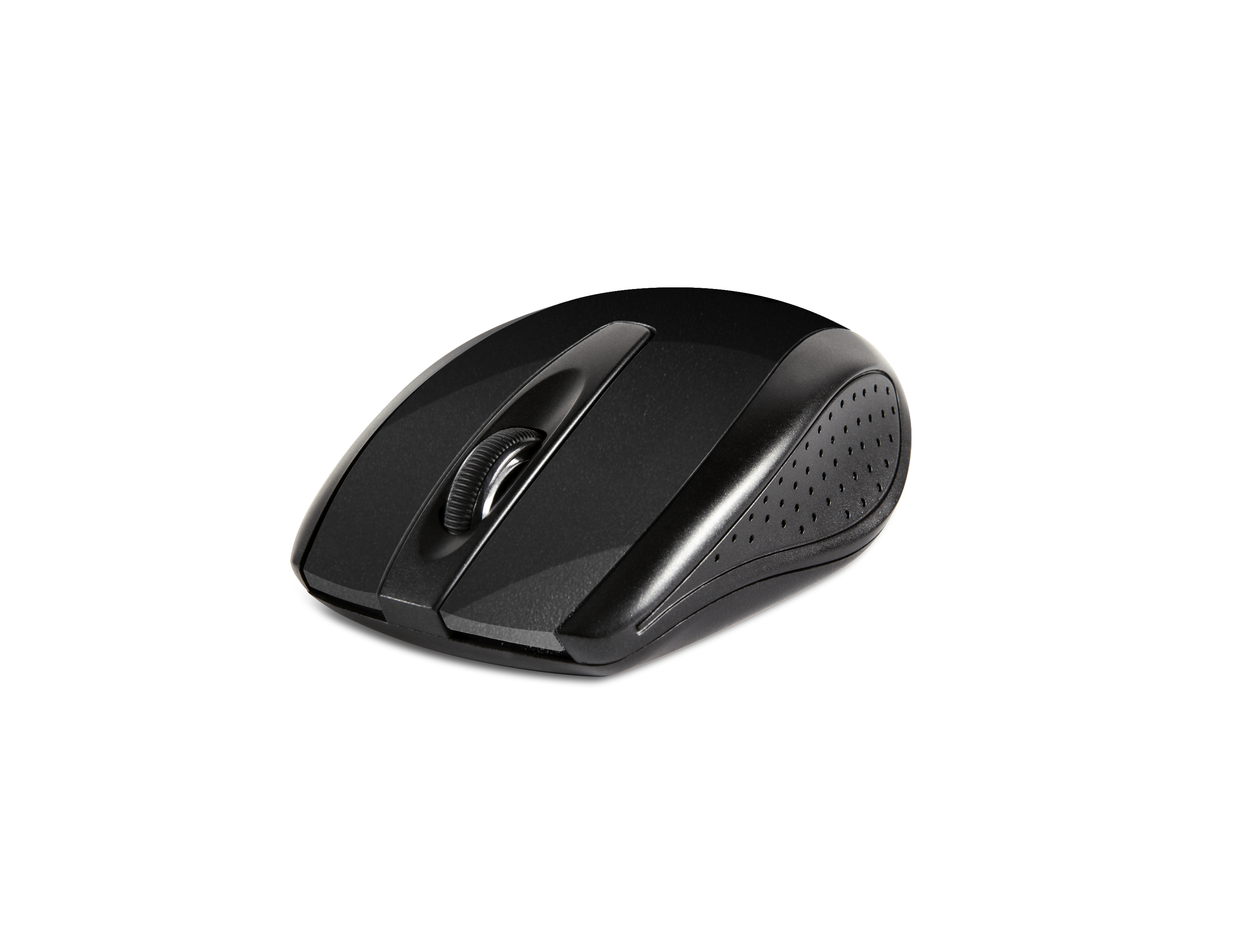 Schwarze Computermaus auf weißem Hintergrund. Die Maus hat ein Scrollrad und zwei Tasten.