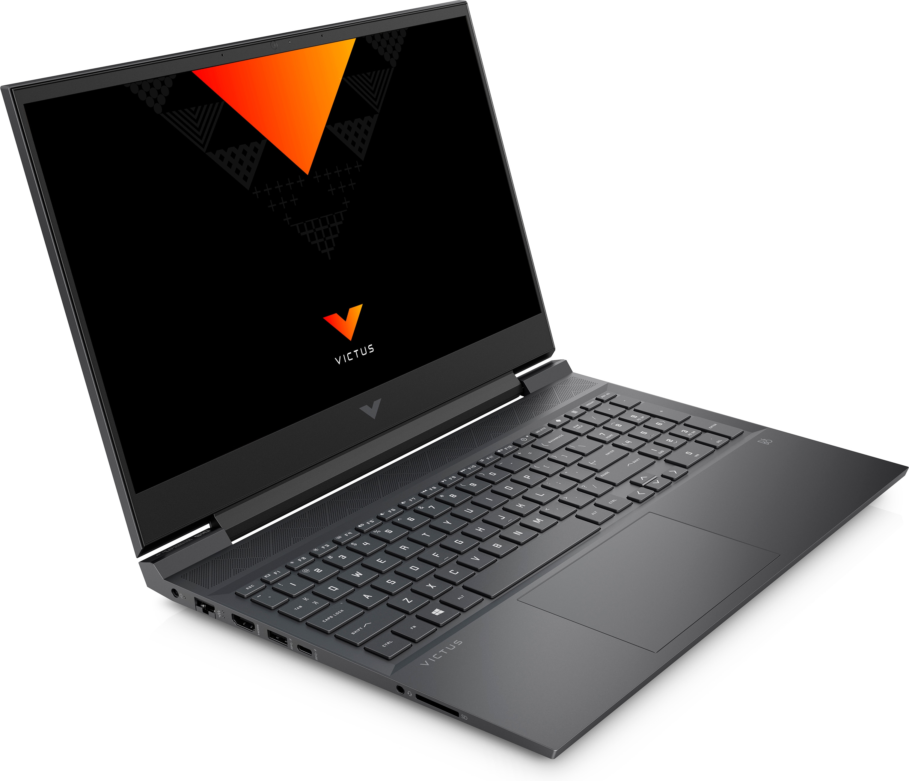 Ordenador portátil negro con tapa abierta que muestra un logotipo naranja y negro y un teclado.