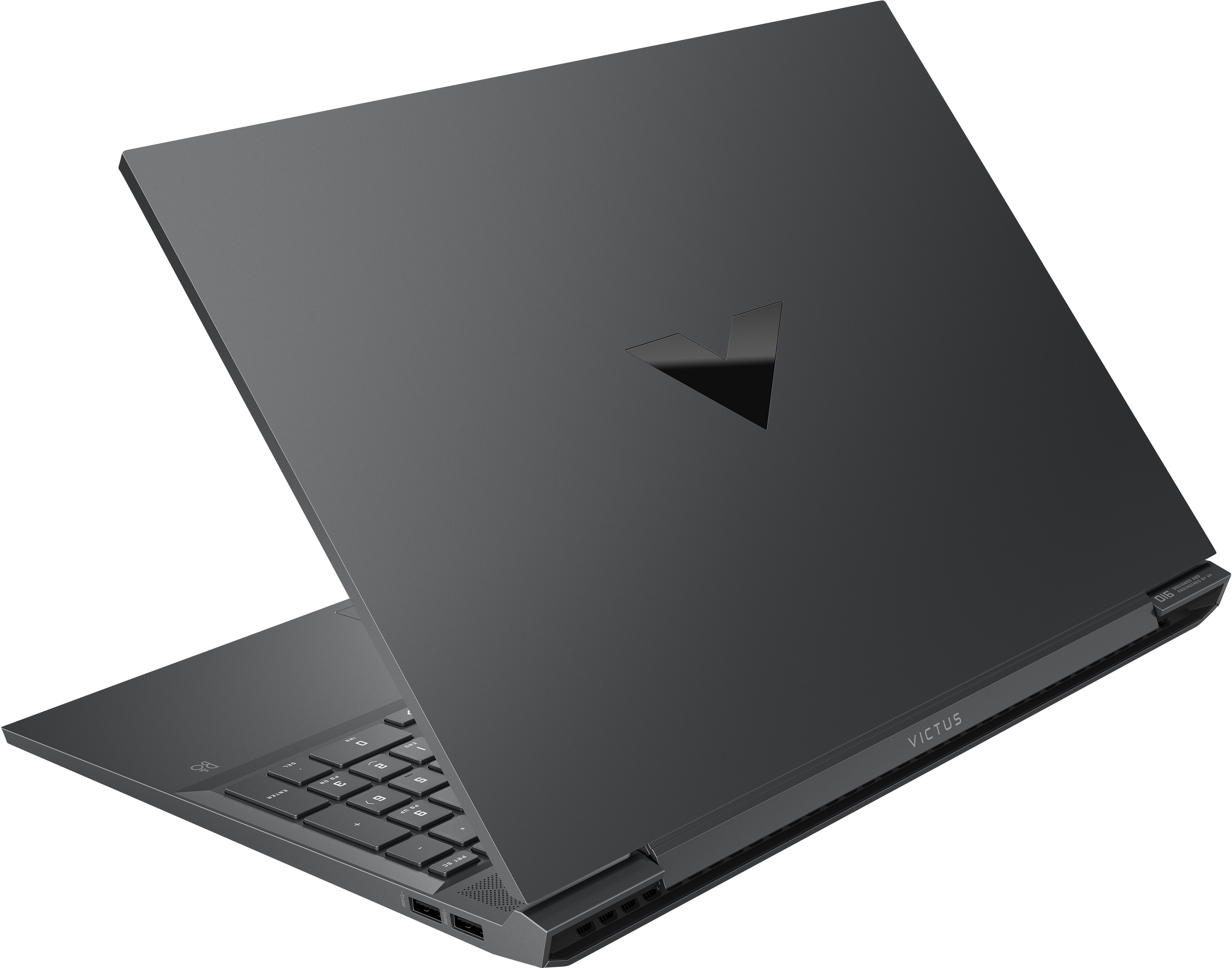 Vista trasera de laptop abierta, negro, con logo 'VICTUS'.