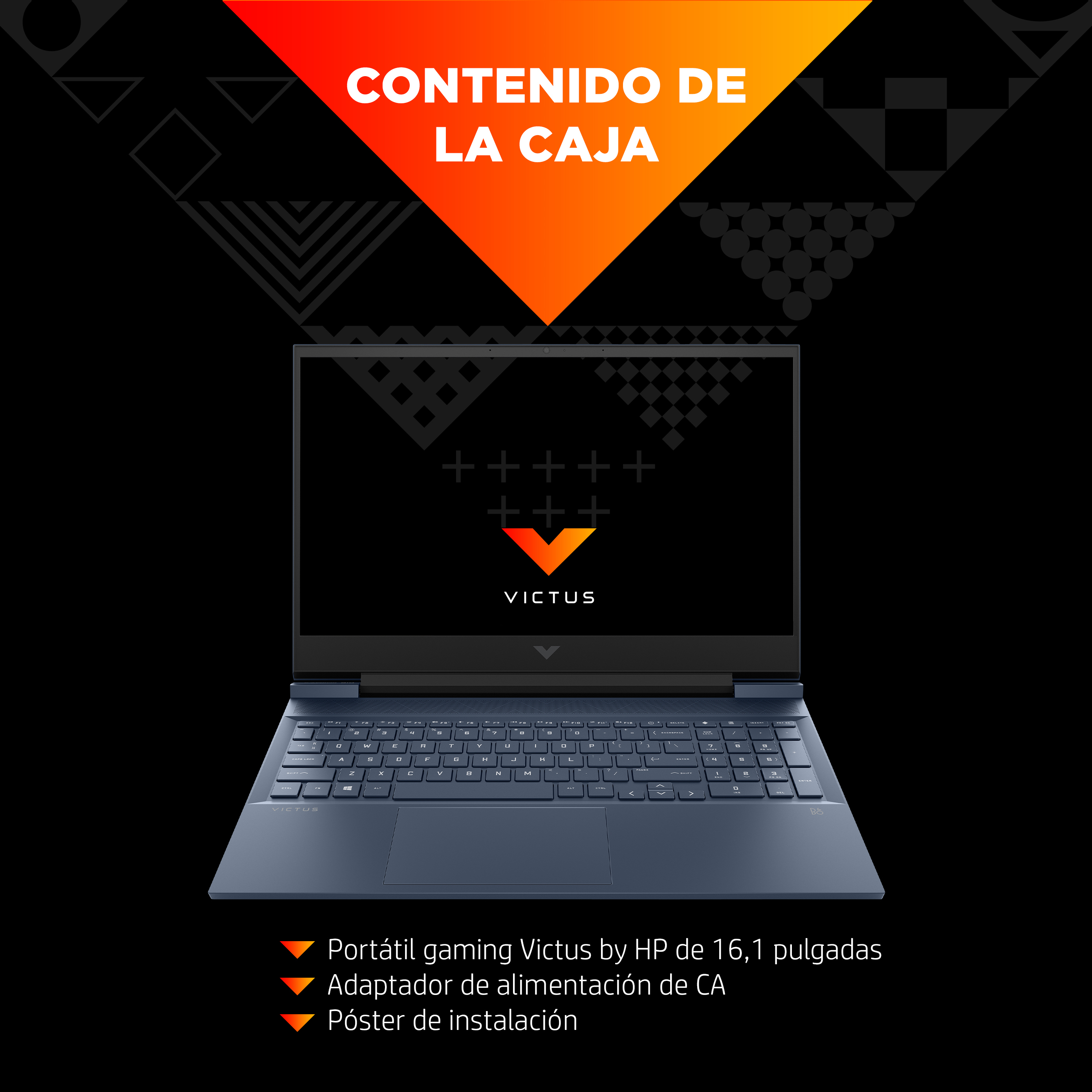 Portátil sobre fondo negro con texto 'Contenido de la Caja'.