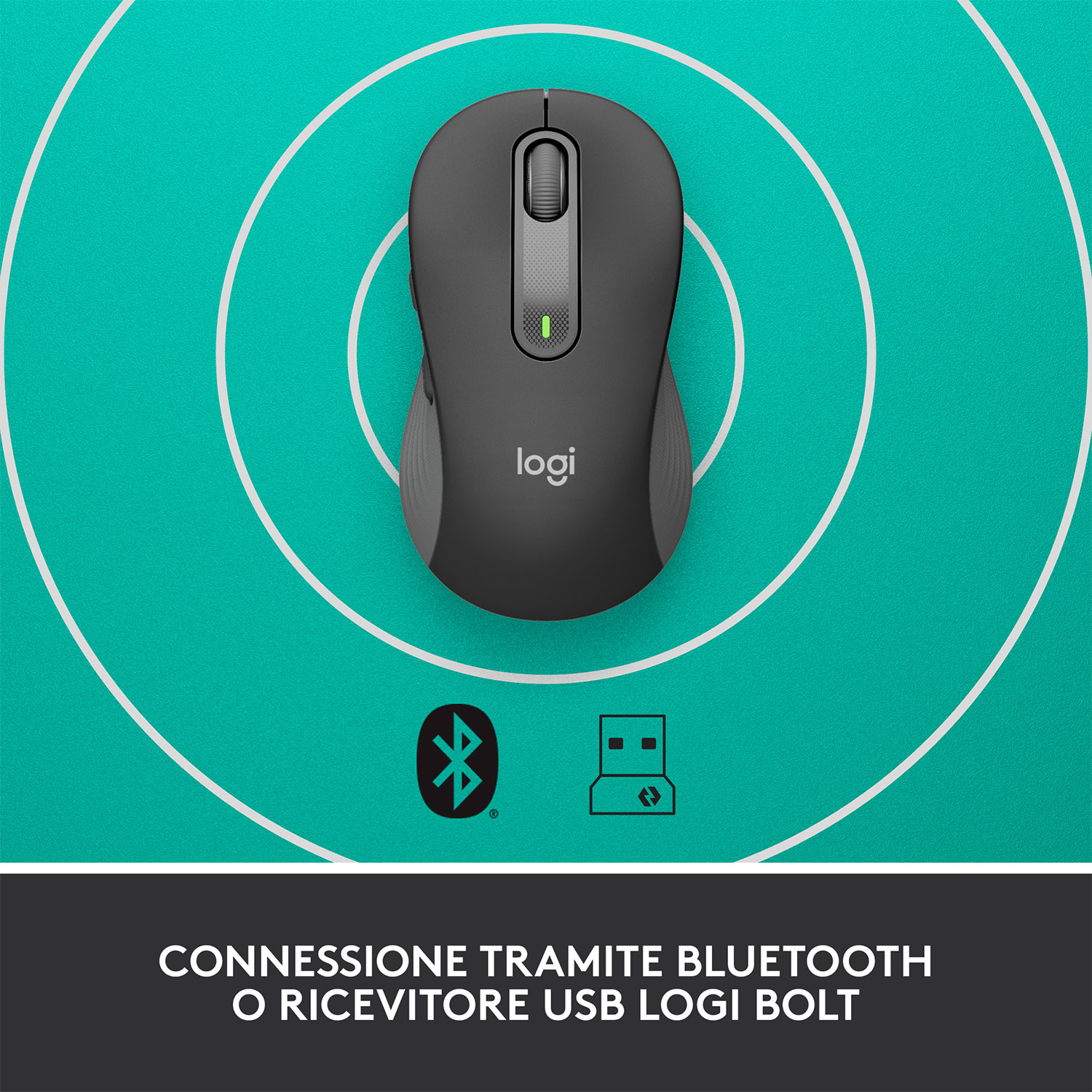 Un mouse wireless nero su una superficie turchese, con simboli Bluetooth e USB sottostanti.