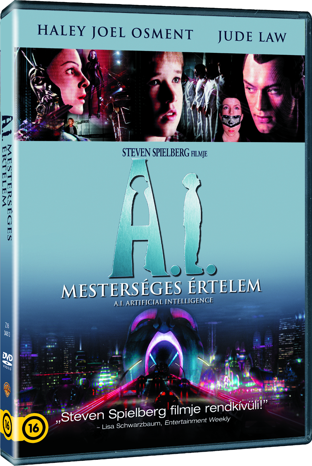 Az 'A.I. – Mesterséges értelem' DVD borítója, színészekkel és futurisztikus várossal.