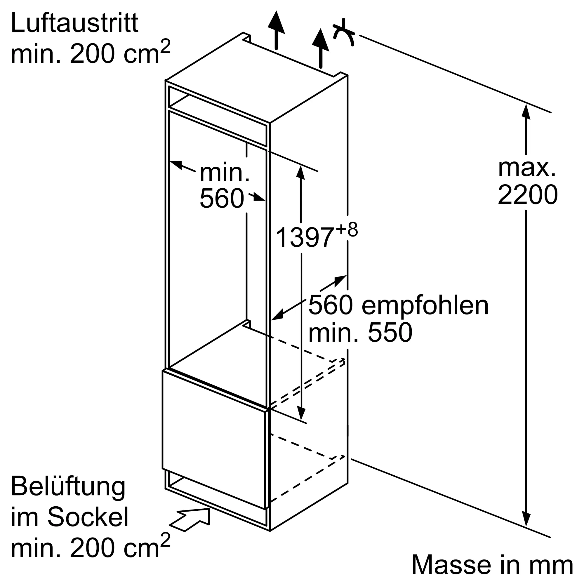 Technische Zeichnung eines Einbaukühlschranks mit Abmessungen und Belüftungsanforderungen in mm.