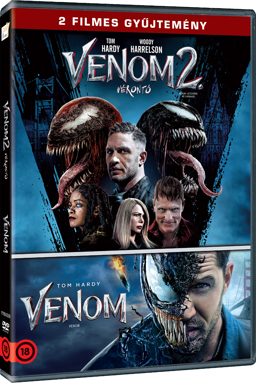 Venom 2 és Venom film DVD borító. A borítón Venom és a szereplők láthatók.