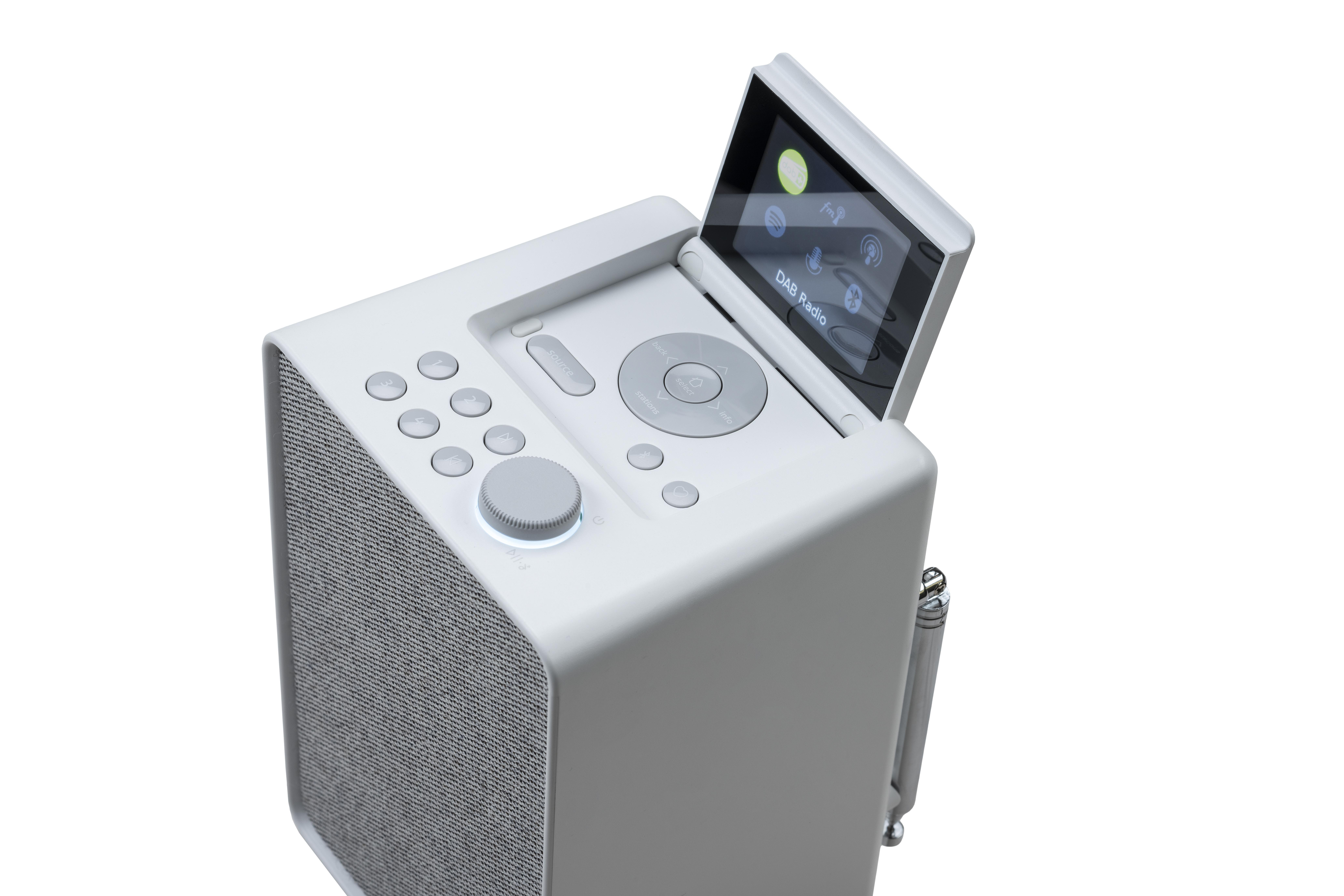 Weißes DAB-Radio mit Bildschirm und Bedientasten, schräge Draufsicht.