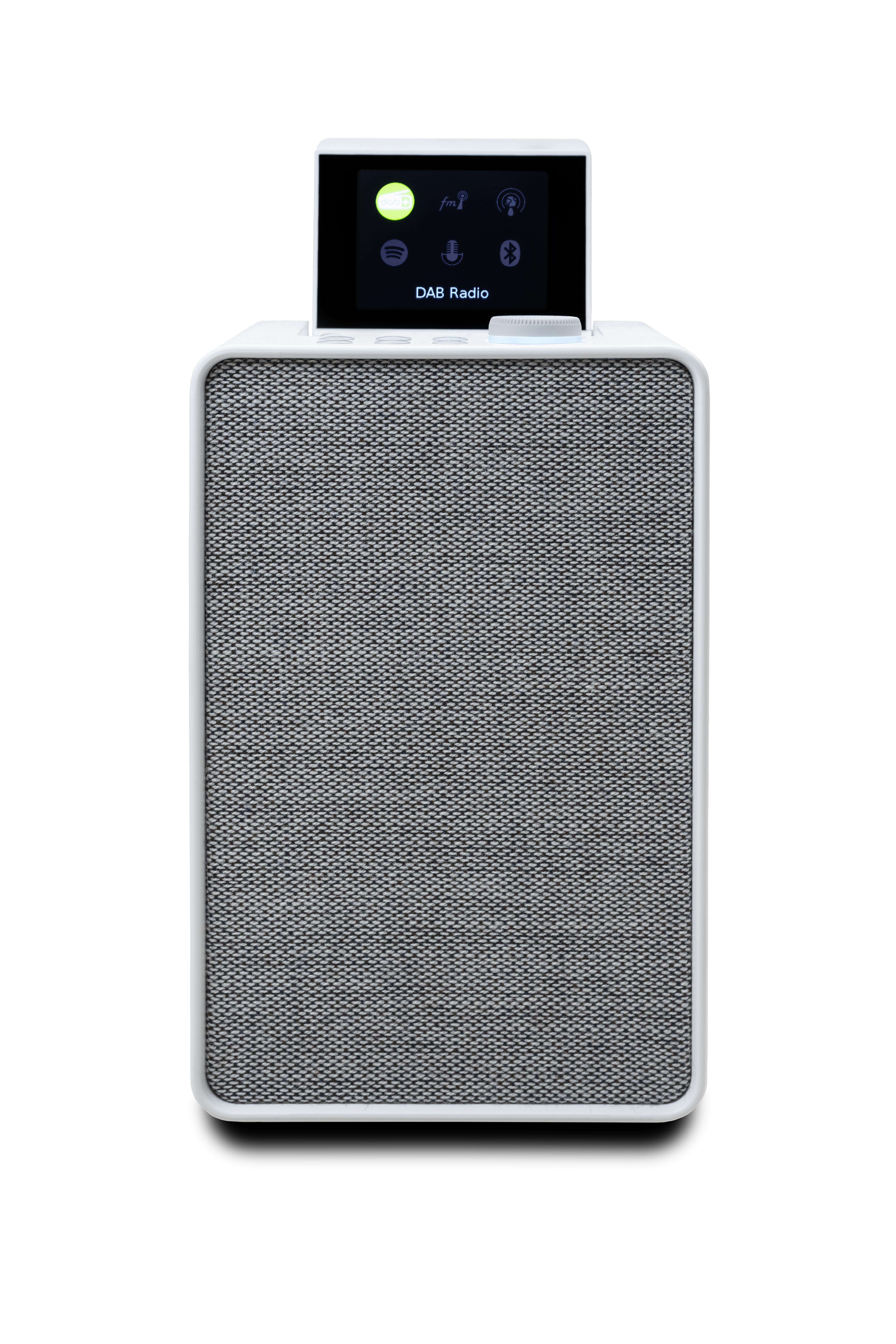 Weißes DAB-Radio mit kleinem Bildschirm und Lautsprechergitter auf weißem Hintergrund.