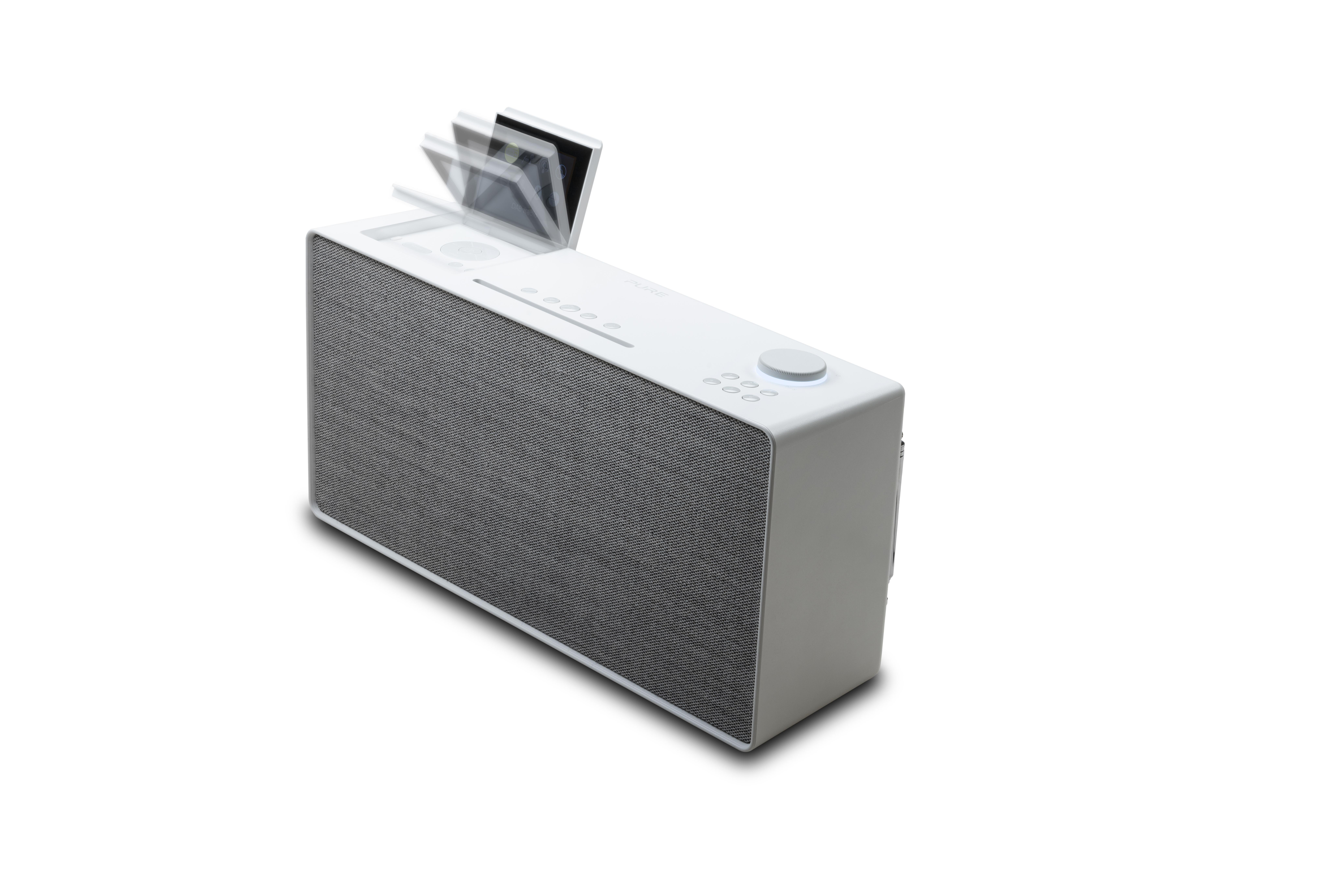 Weißes Audiogerät. Ein Gerät mit Knöpfen und einem Bildschirm.