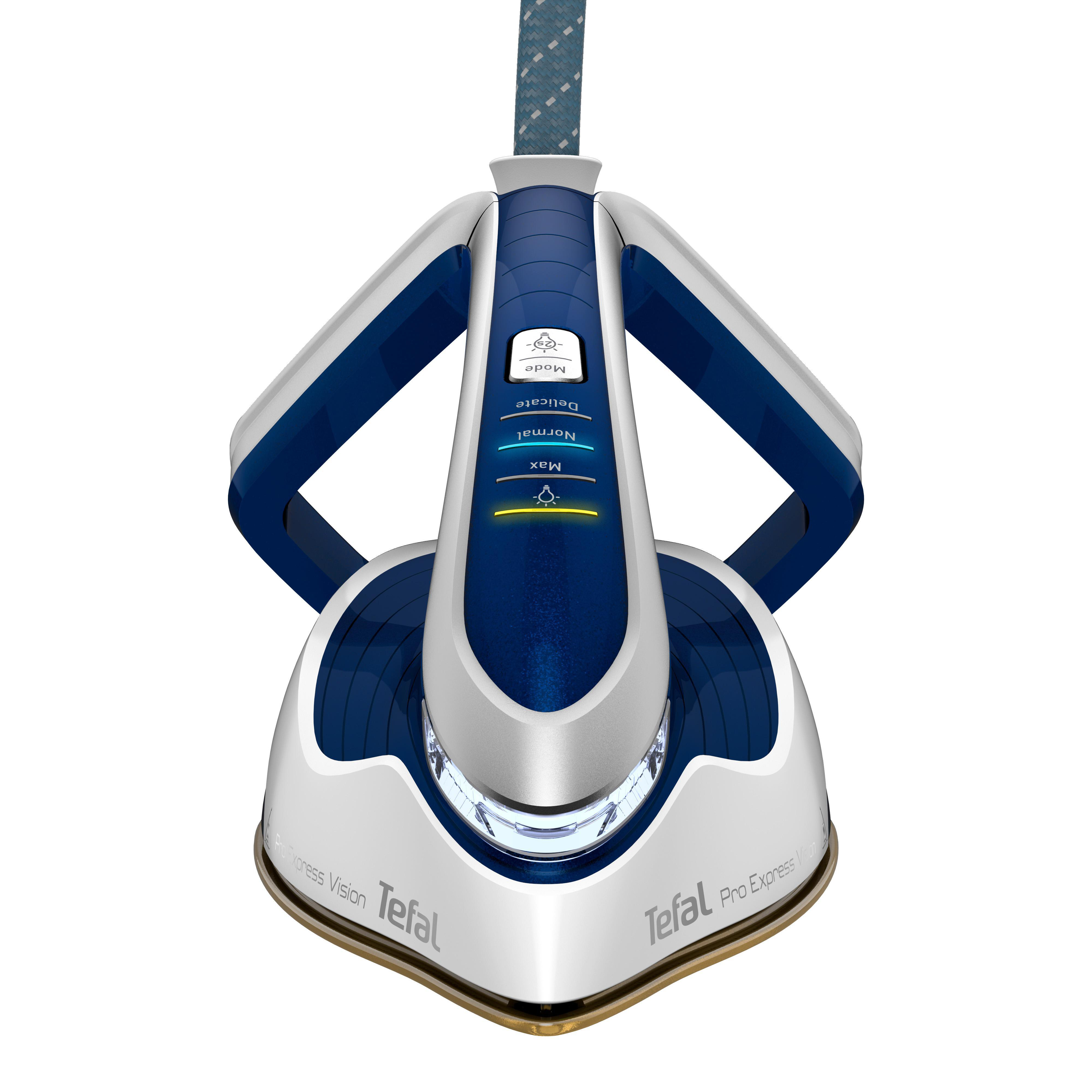 Weißes und blaues Tefal Pro Express Bügeleisen auf weißem Hintergrund, Draufsicht.