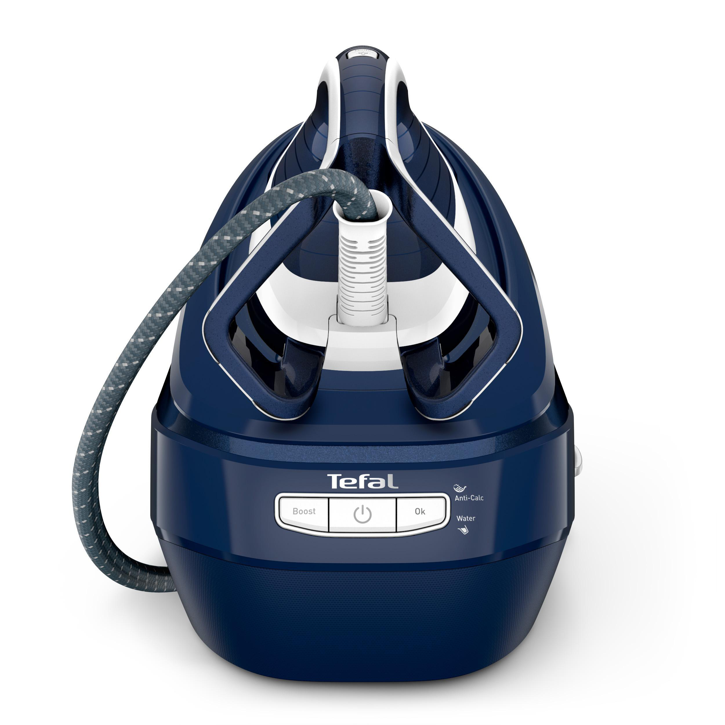 Blaues und weißes Tefal-Bügeleisen mit Knöpfen und Kabel auf weißer Oberfläche.
