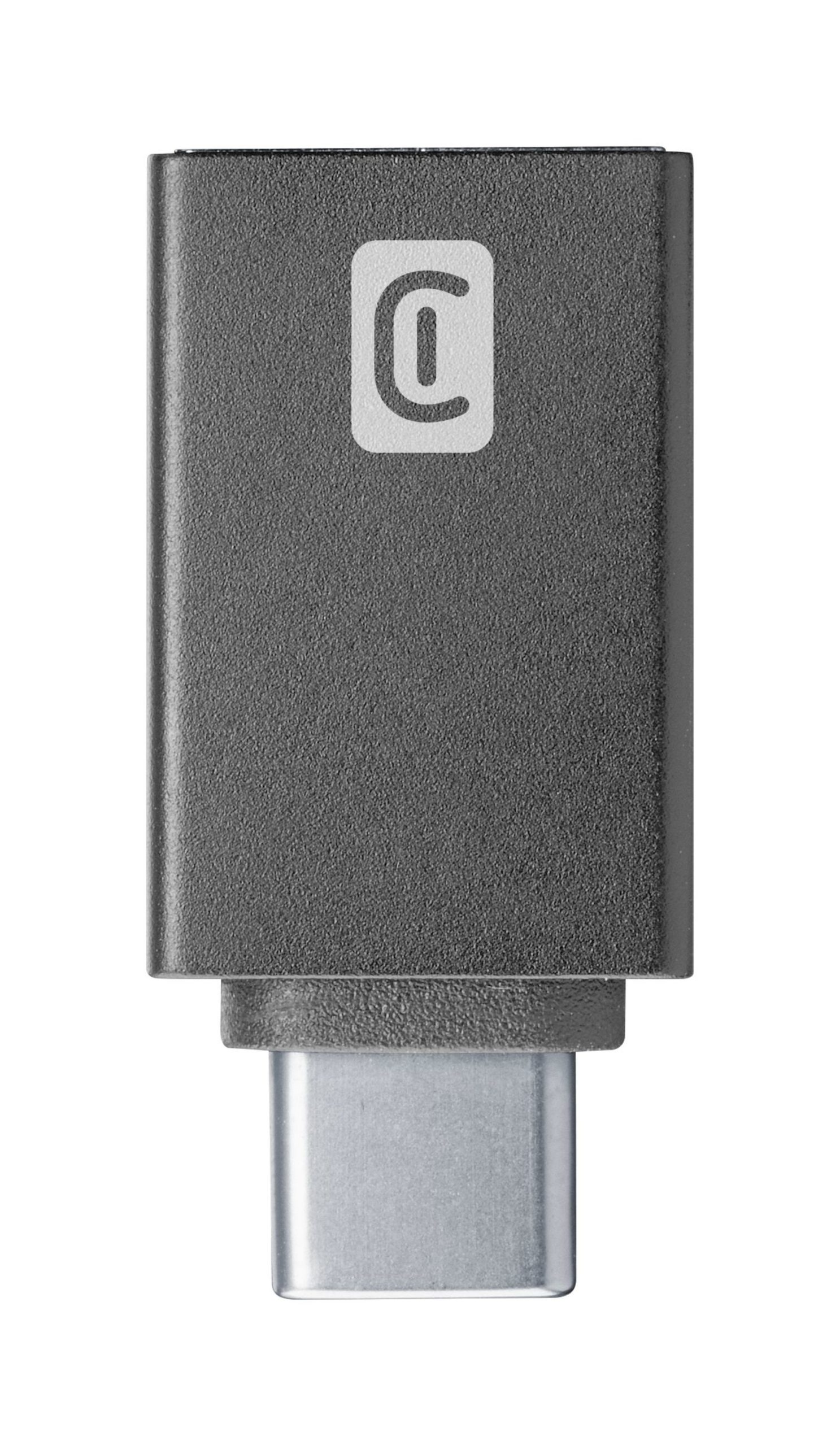 Dunkelgrauer USB-C-Adapter. Er hat unten einen silbernen Stecker und oben ein weißes 'C'-Logo.