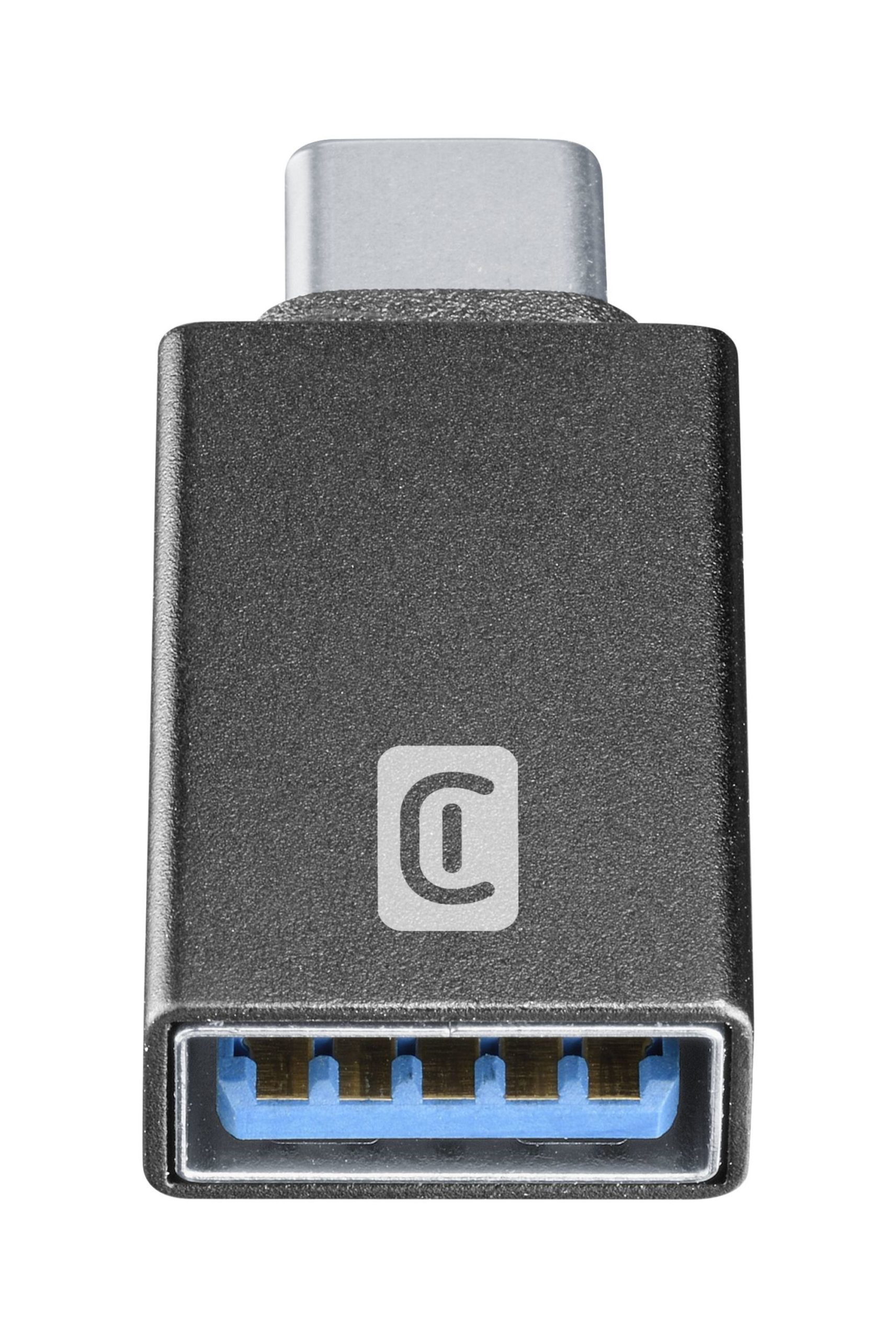 Ein USB-C-zu-USB-A-Adapter. Er ist grau mit einem weißen 'C'-Logo. Der USB-A-Anschluss ist blau.