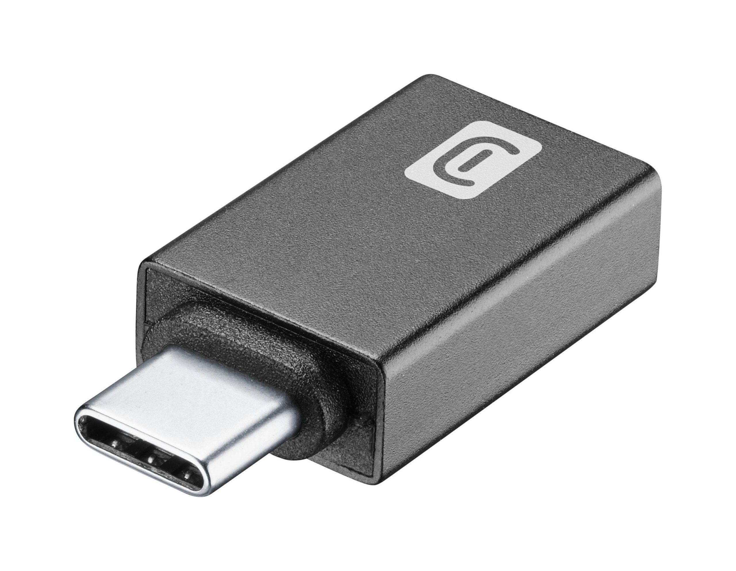 Ein USB-C-Adapter. Der Hauptkörper ist grau mit weißem Logo. Der USB-C-Anschluss ist silberfarben.