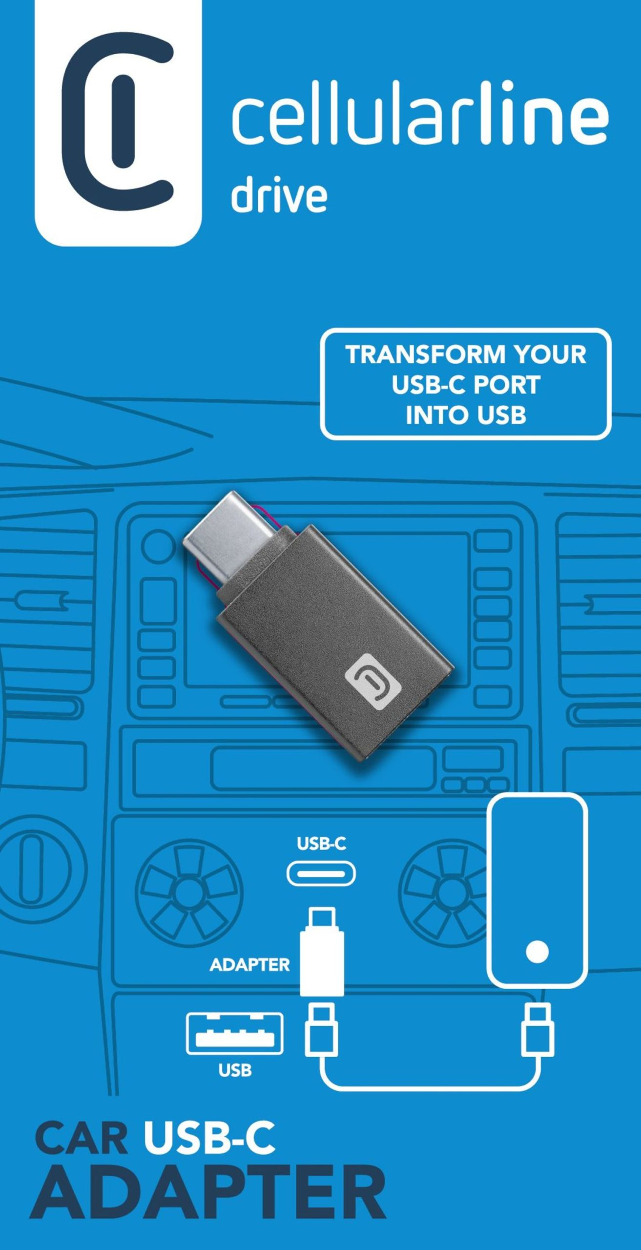 Blaues Bild zeigt einen USB-C-Adapter, eine Auto-Innenraum-Umrisse und das Cellularline-Logo mit dem Text 'CAR USB-C ADAPTER'.
