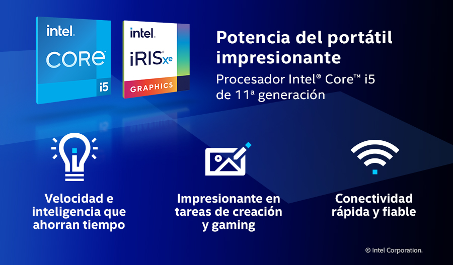 Gráficos que muestran Intel Core i5, Iris Xe y texto sobre el impresionante rendimiento del portátil.