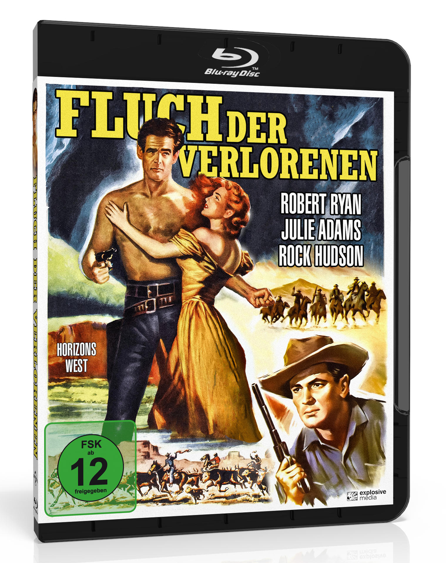 Ein Blu-ray-Cover für den Film 'Fluch der Verlorenen' mit einem Mann und einer Frau sowie Cowboys.