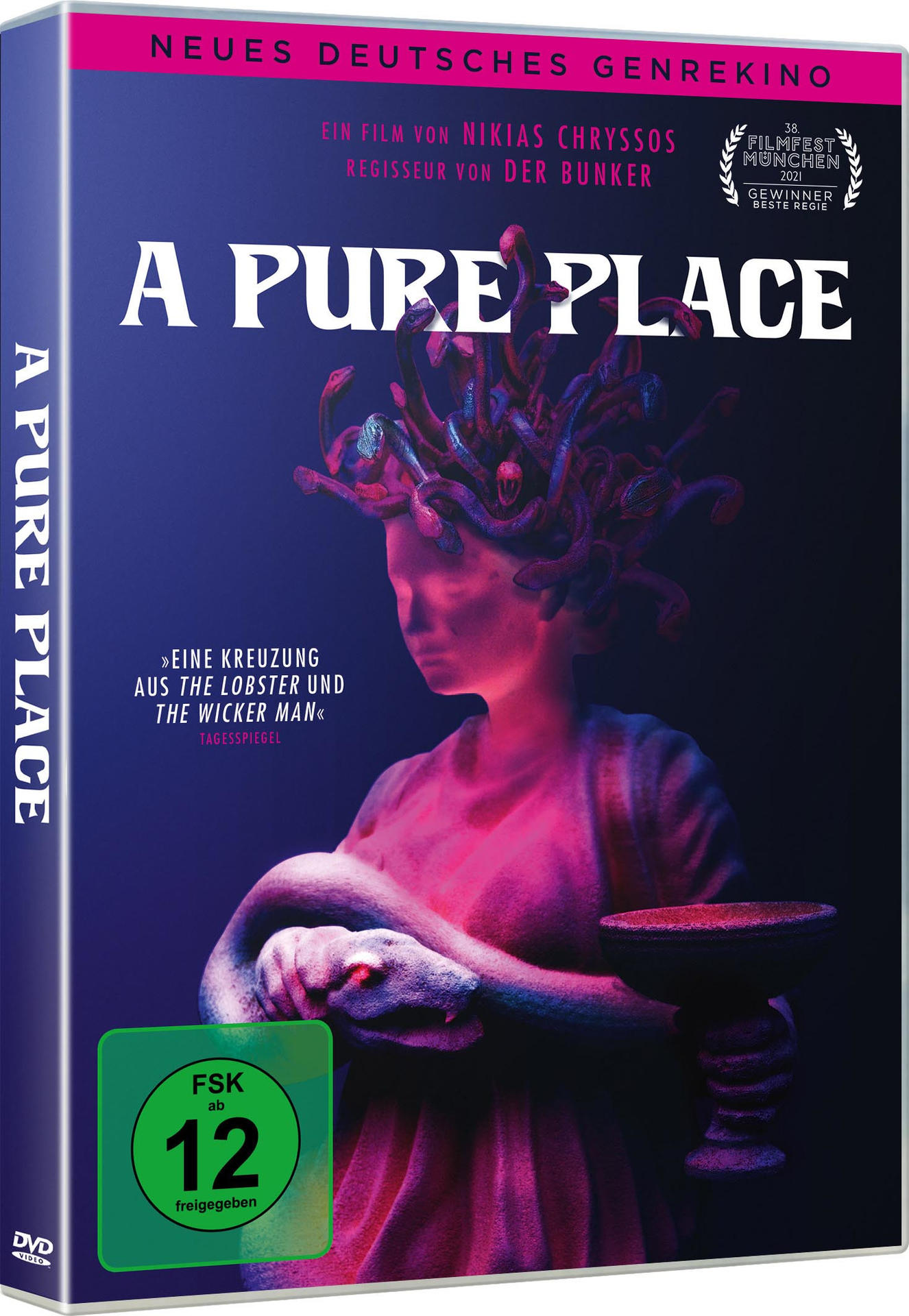 DVD-Hülle für 'A Pure Place'. Bild zeigt eine Statue mit Medusahaupt und einer Tasse. Der Titel ist in Weiß dargestellt.