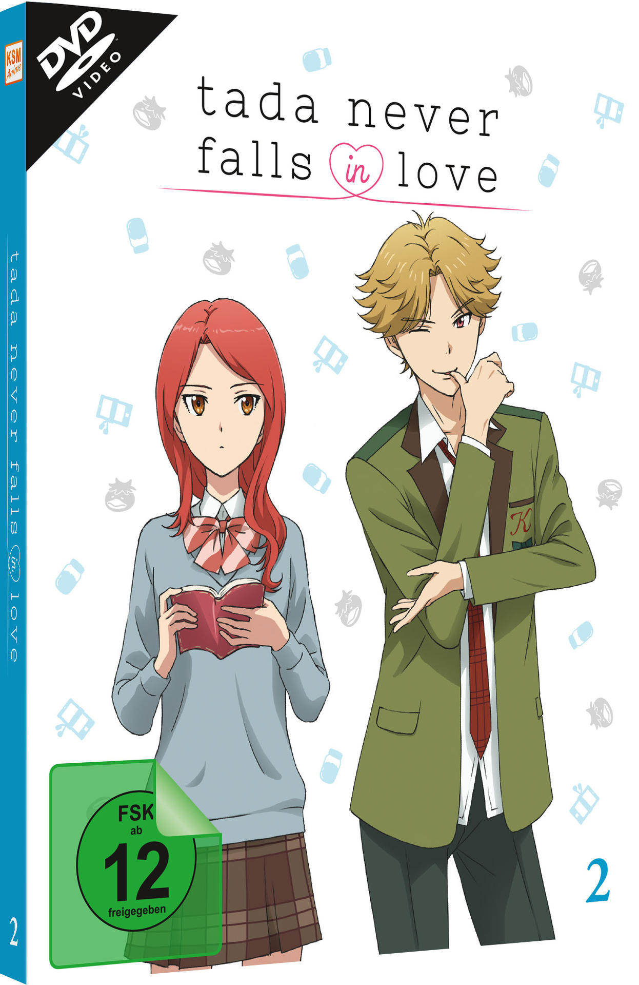 Anime-DVD-Cover mit zwei Charakteren; ein Mädchen mit einem Buch und ein zwinkernder Junge.
