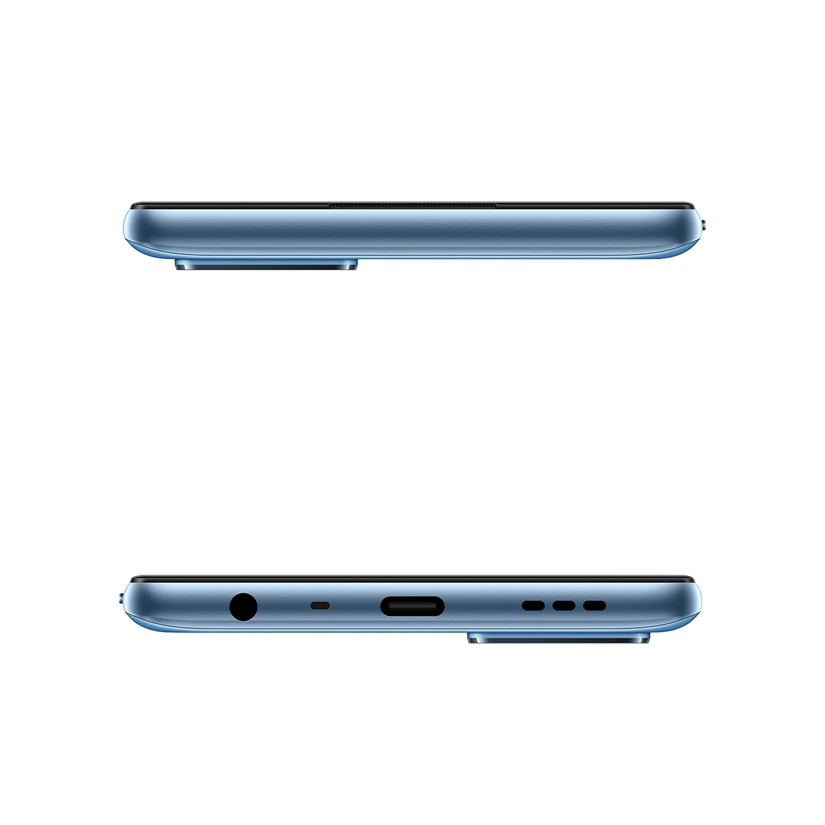 Smartphone azul con vistas inferior y superior. Muestra puertos y perfil lateral.