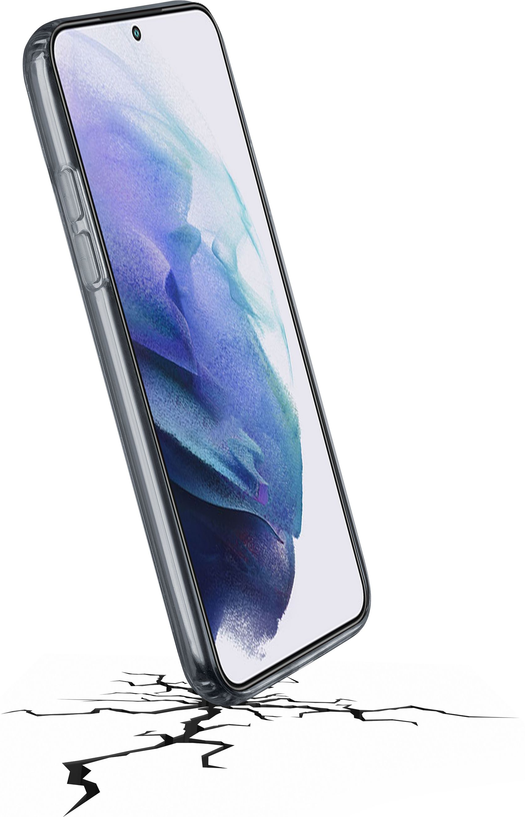 Smartphone, der auf einen rissigen Boden fällt. Das Telefon hat eine transparente Hülle.