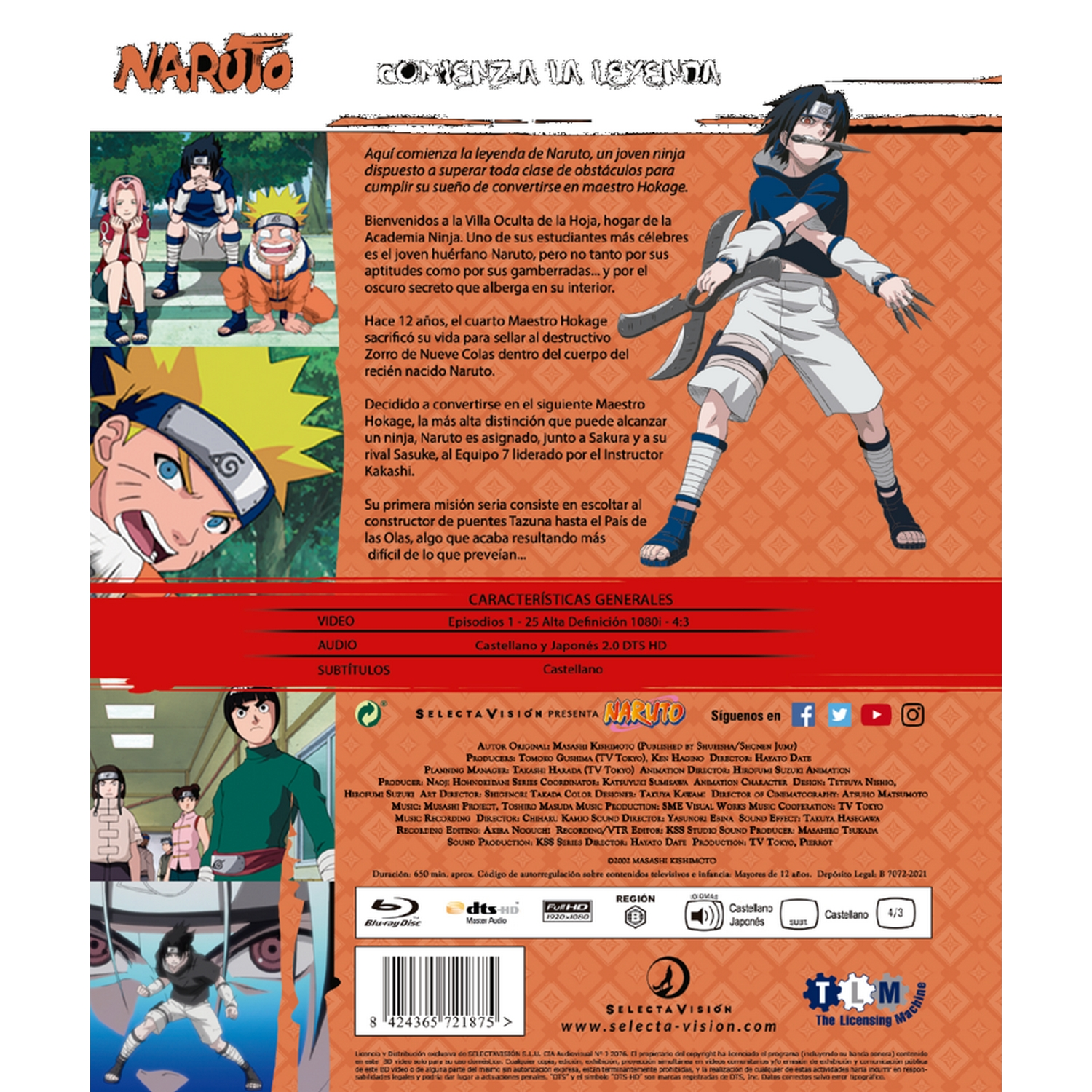 Contraportada de un DVD de Naruto. Se muestran ilustraciones de Naruto y personajes.