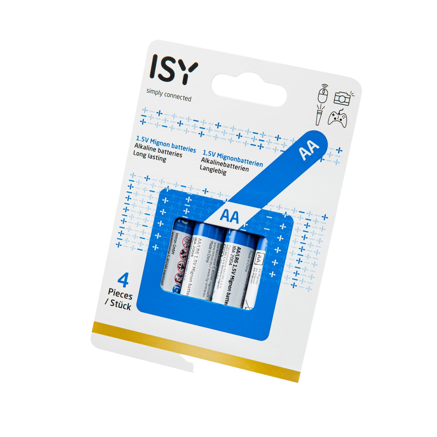 Un blíster con cuatro pilas AA. Embalaje azul y blanco con texto.