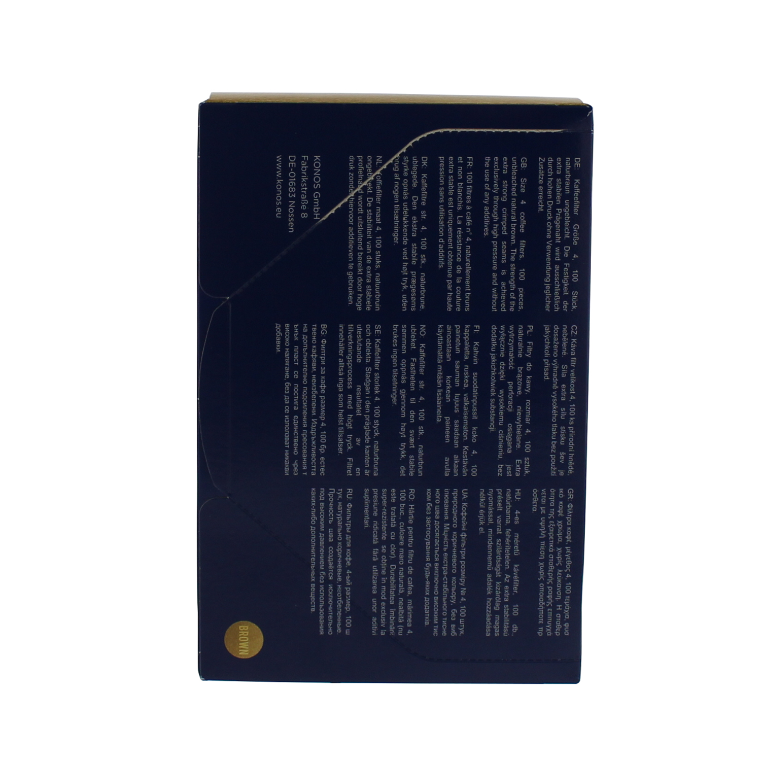Caja con texto en varios idiomas. Esquema de color principalmente azul y blanco.