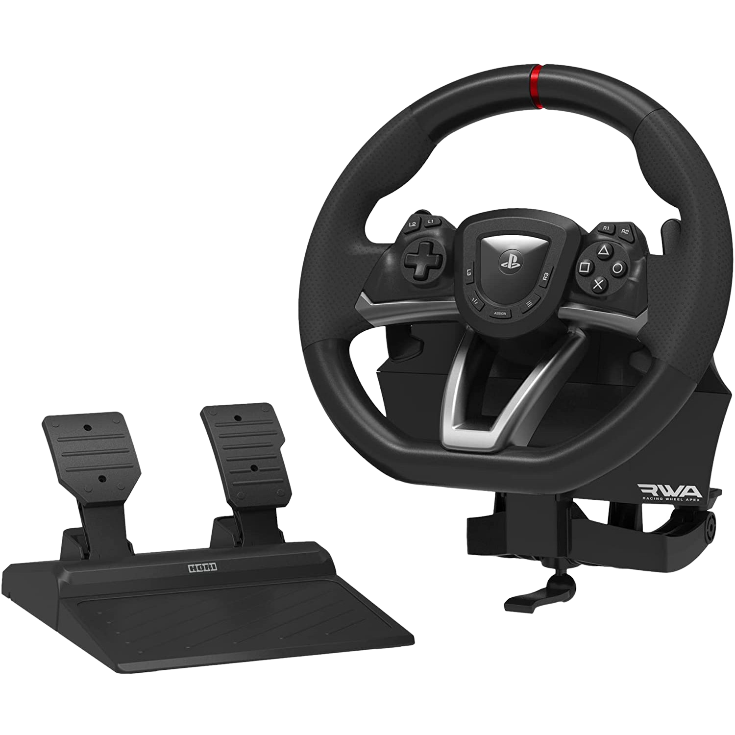 Volante y pedales negros para una configuración de juego de carreras. Fondo negro.