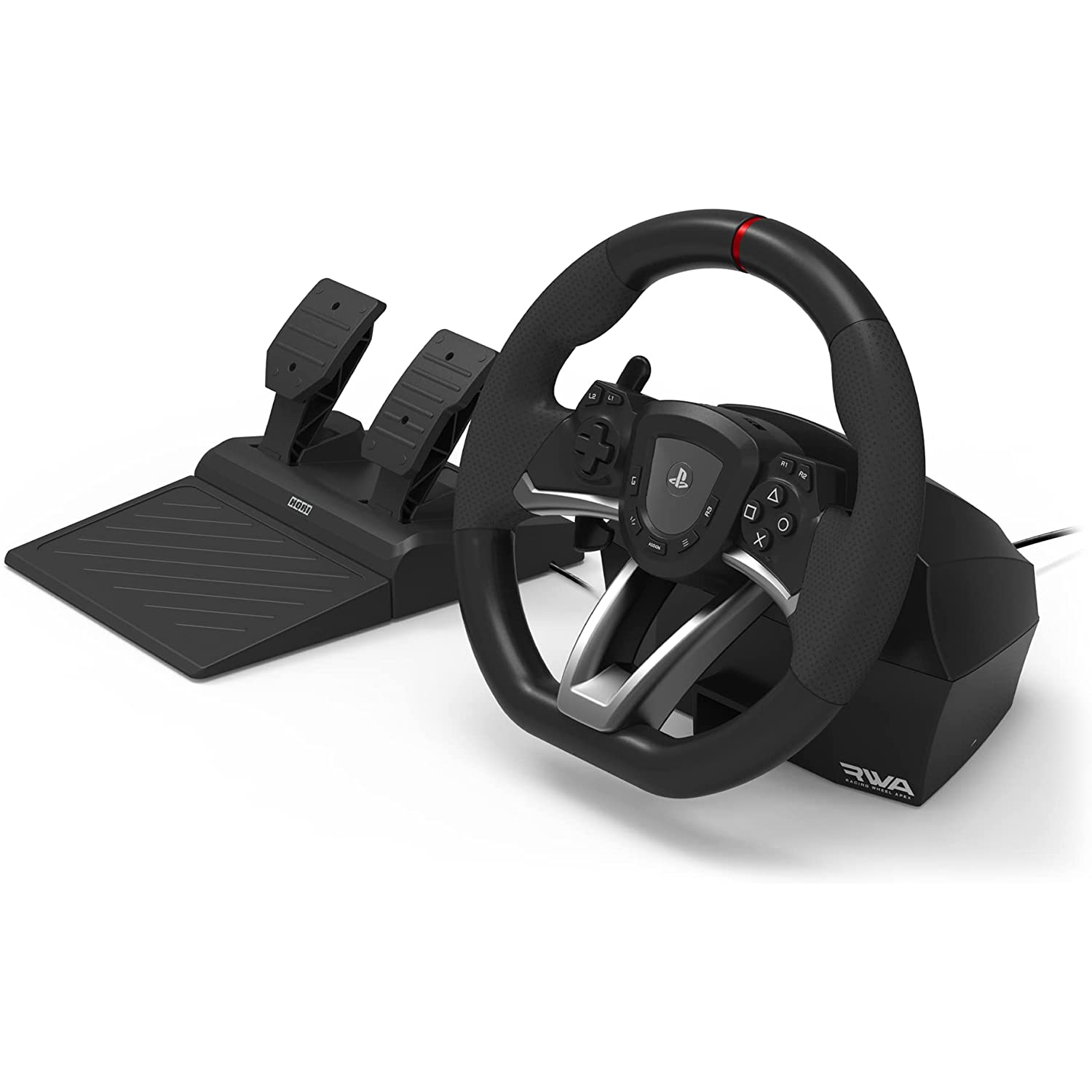 Un volante de juego y un juego de pedales.