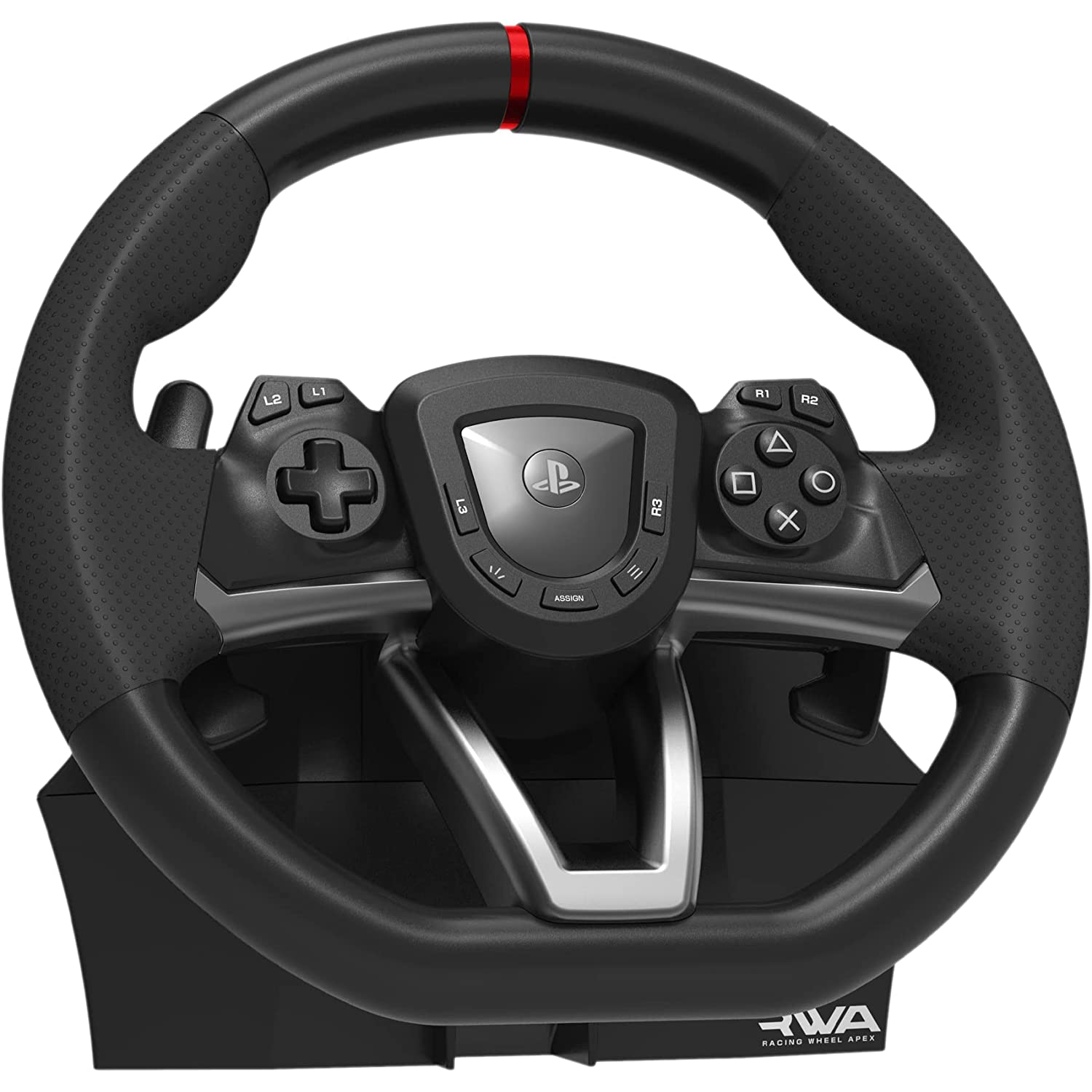 Volante de juego negro con botones y logotipo de PlayStation, montado en una base negra.