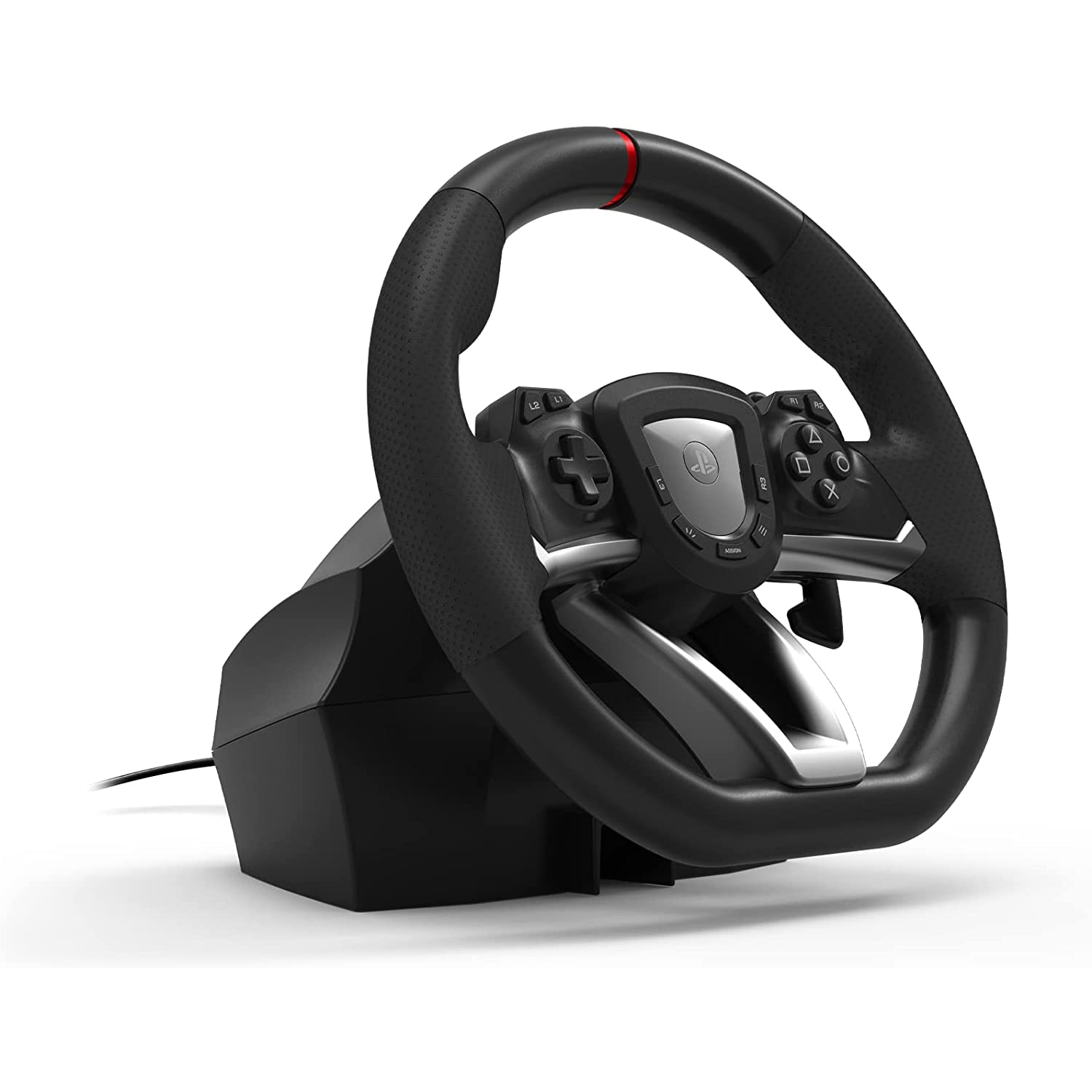 Volante de juego. Volante negro envuelto en cuero con botones y una base. Está sobre una superficie blanca.