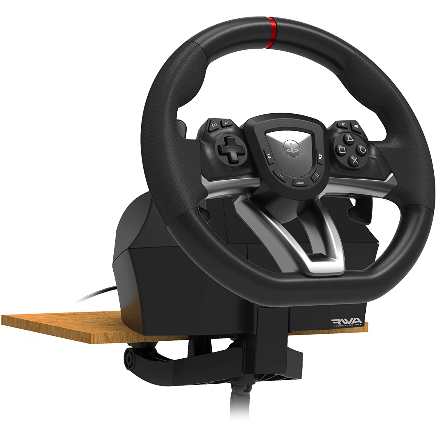 Un volante de juego montado sobre una superficie de madera. Volante negro, base y controles de paleta.