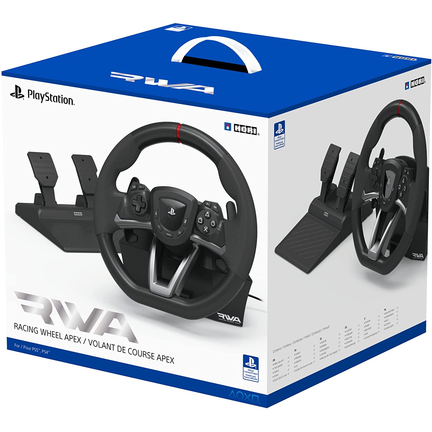 Un juego de volante y pedales de carreras para PlayStation, en una caja azul y blanca.
