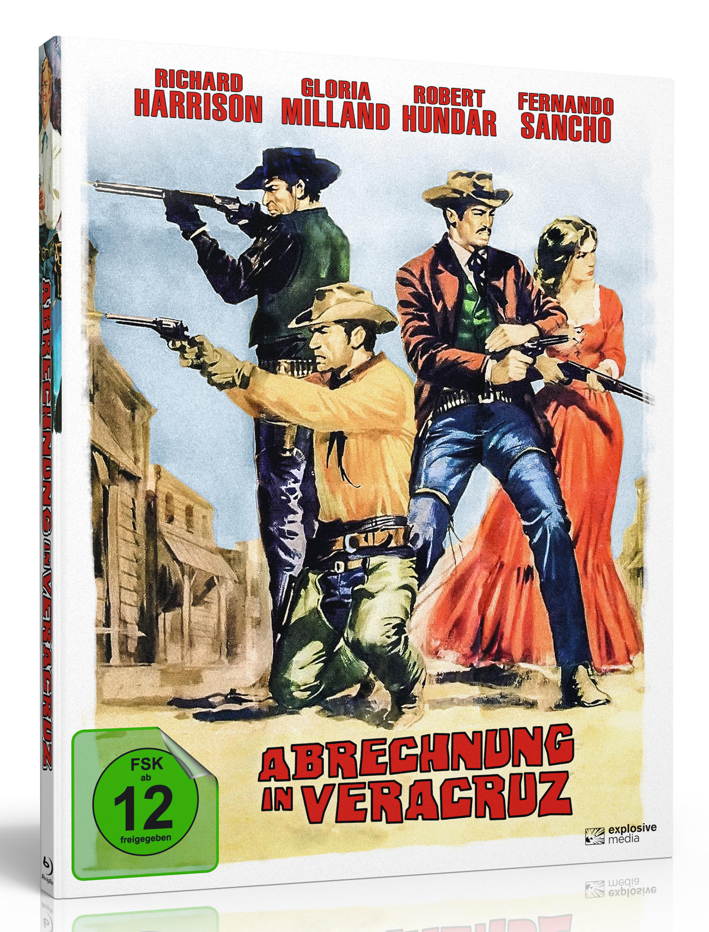 DVD-Hülle mit einem Bild von Cowboys, die mit Waffen zielen.