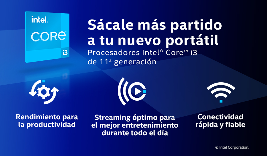 Imagen promocional con texto sobre los procesadores Intel Core i3. Los gráficos incluyen iconos de productividad, transmisión y conectividad.