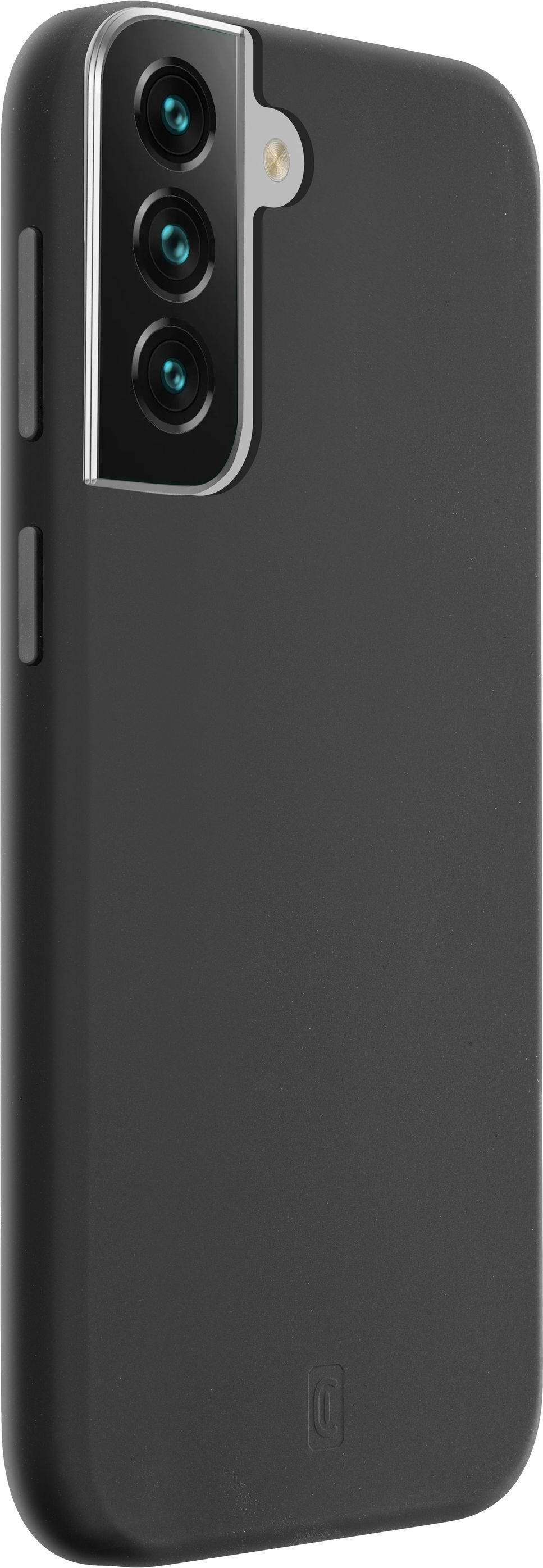 Coque de téléphone noire avec trois objectifs d'appareil photo, un flash et un logo subtil, vue de côté.