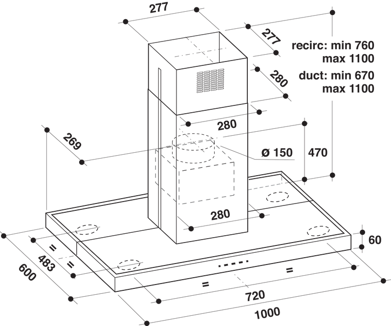 Konyhai páraelszívó diagramja milliméteres méretekkel, a légáramlást és a csatornázás részleteit mutatva.