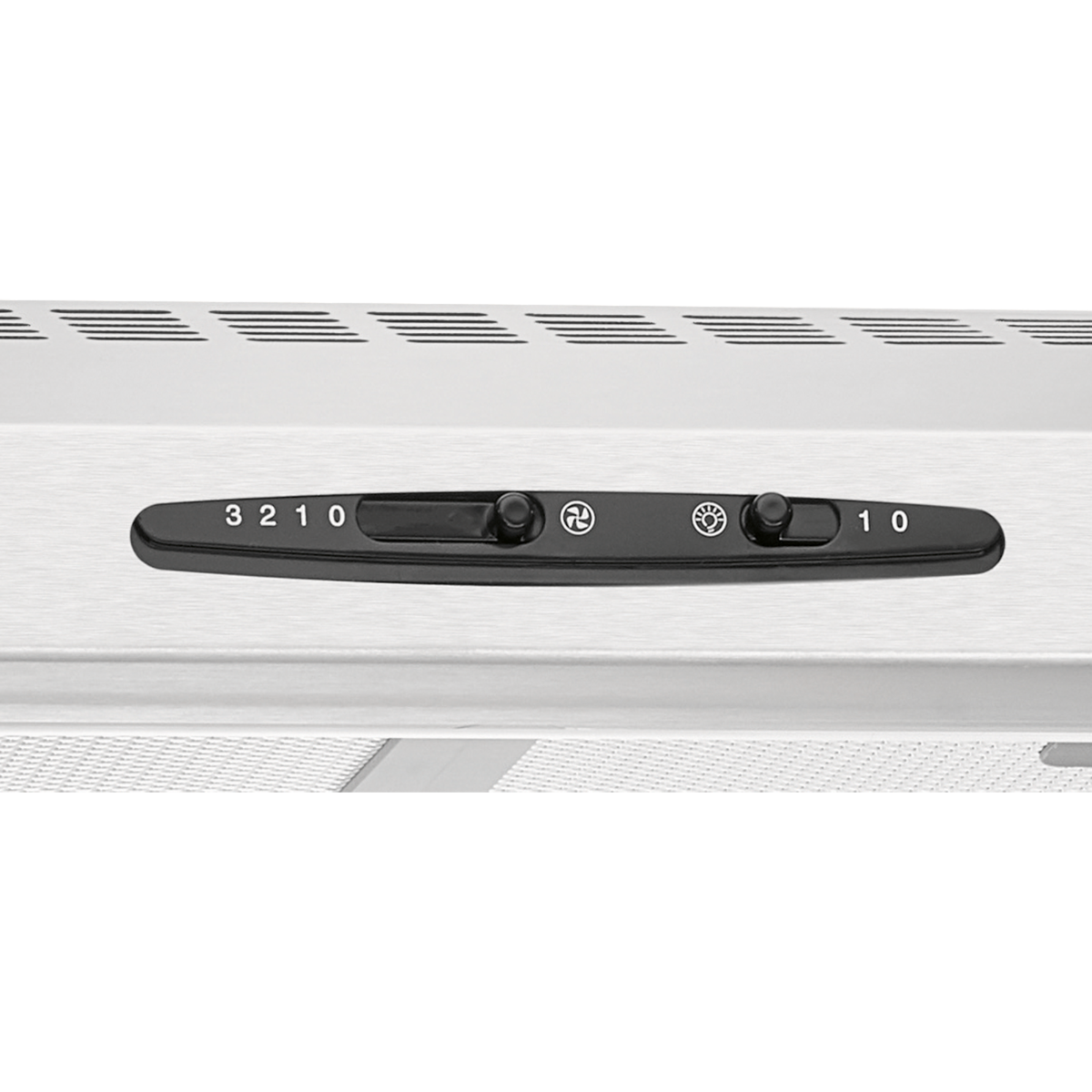 Fehér vezérlőpanel közeli képe, 3 2 1 0 számokkal, ventilátor és lámpa ikonokkal.