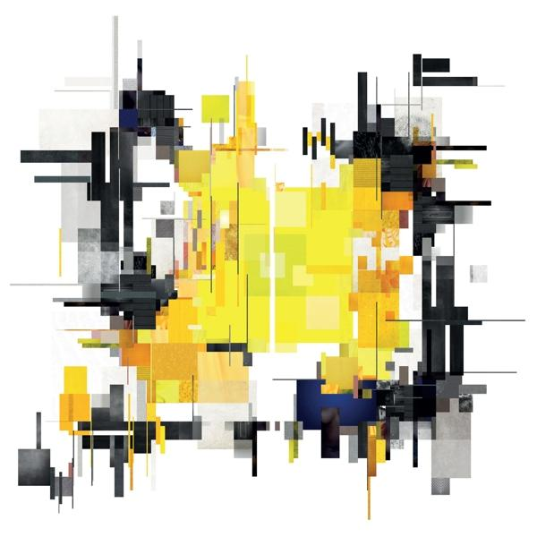 Abstracte kunst: Gele en zwarte rechthoekige vormen, lijnen op witte achtergrond. Modern, geometrisch ontwerp.