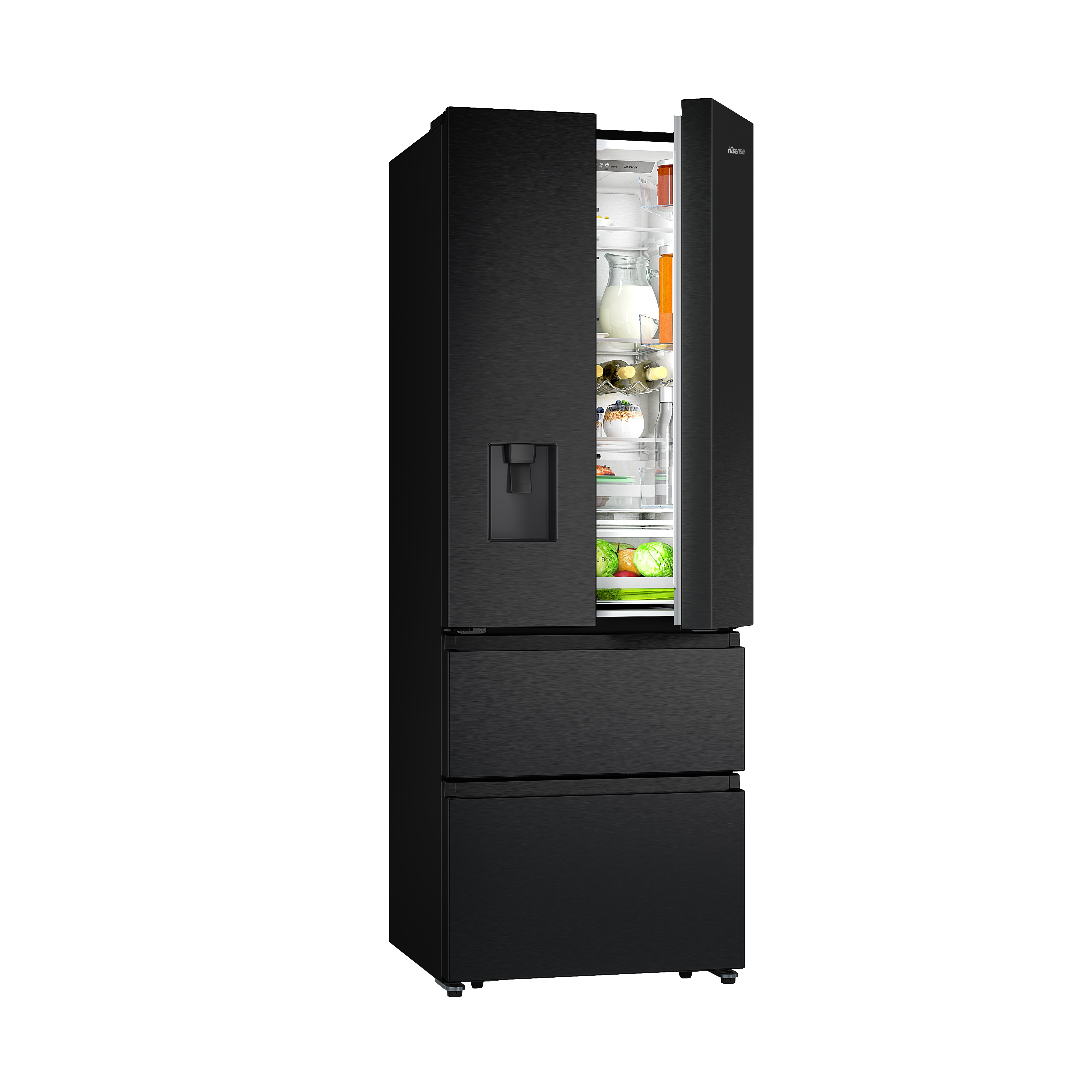 Ein schwarzer Kühlschrank mit zwei geöffneten Türen. Das Innere zeigt Regale und Lebensmittel.