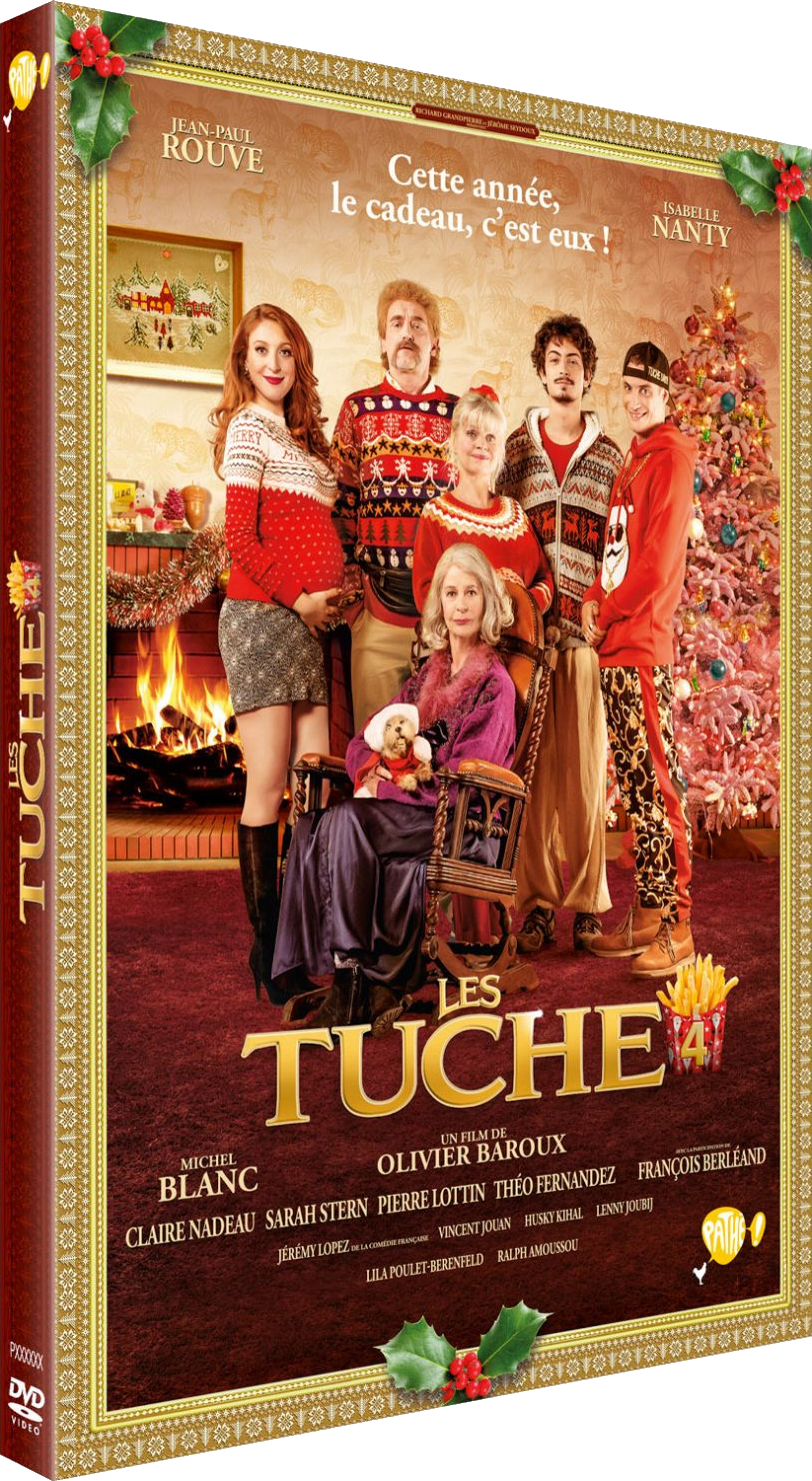 Couverture de DVD avec une famille en pulls de Noël, une cheminée et le titre "LES TUCHE".