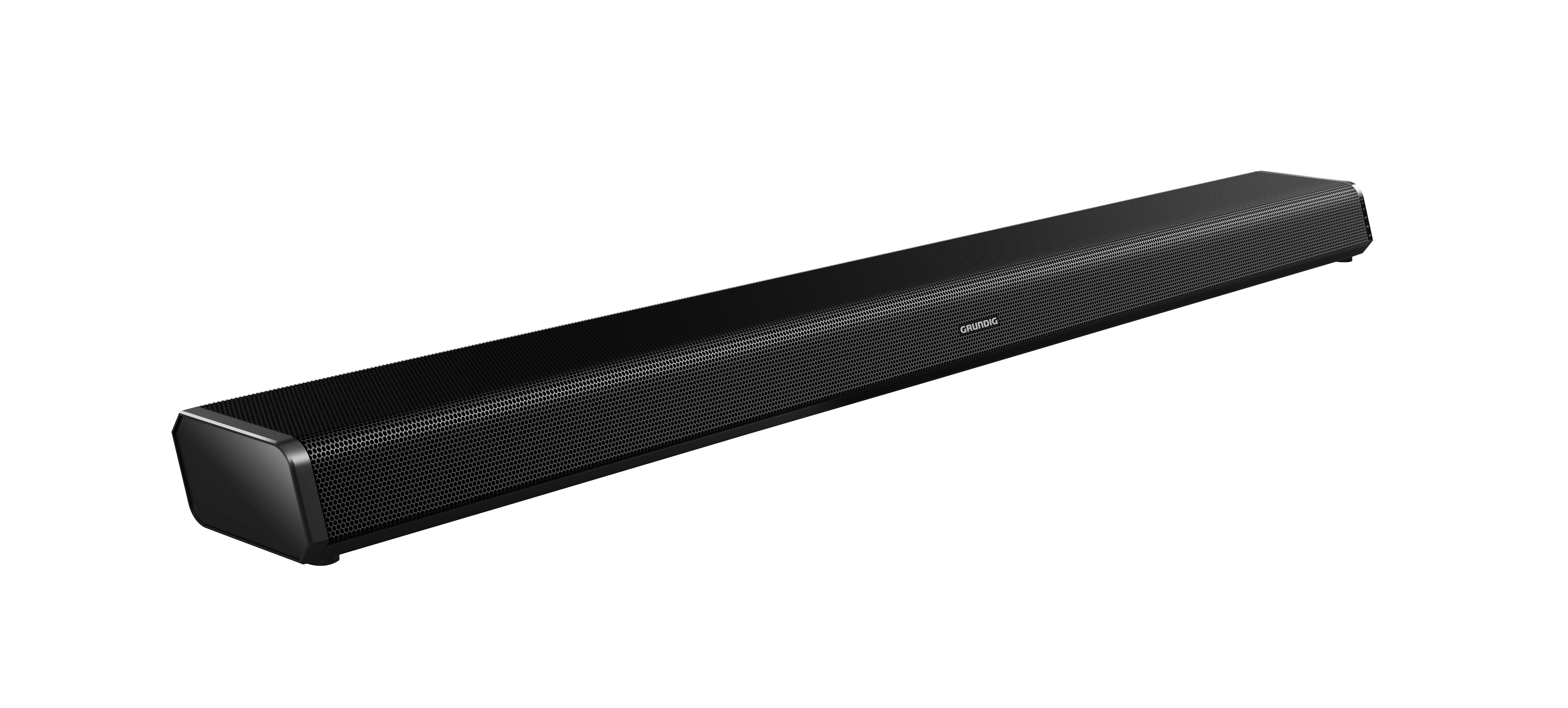 Siyah soundbar hoparlör, delikli ön yüzü olan dikdörtgen. Siyah zemin.