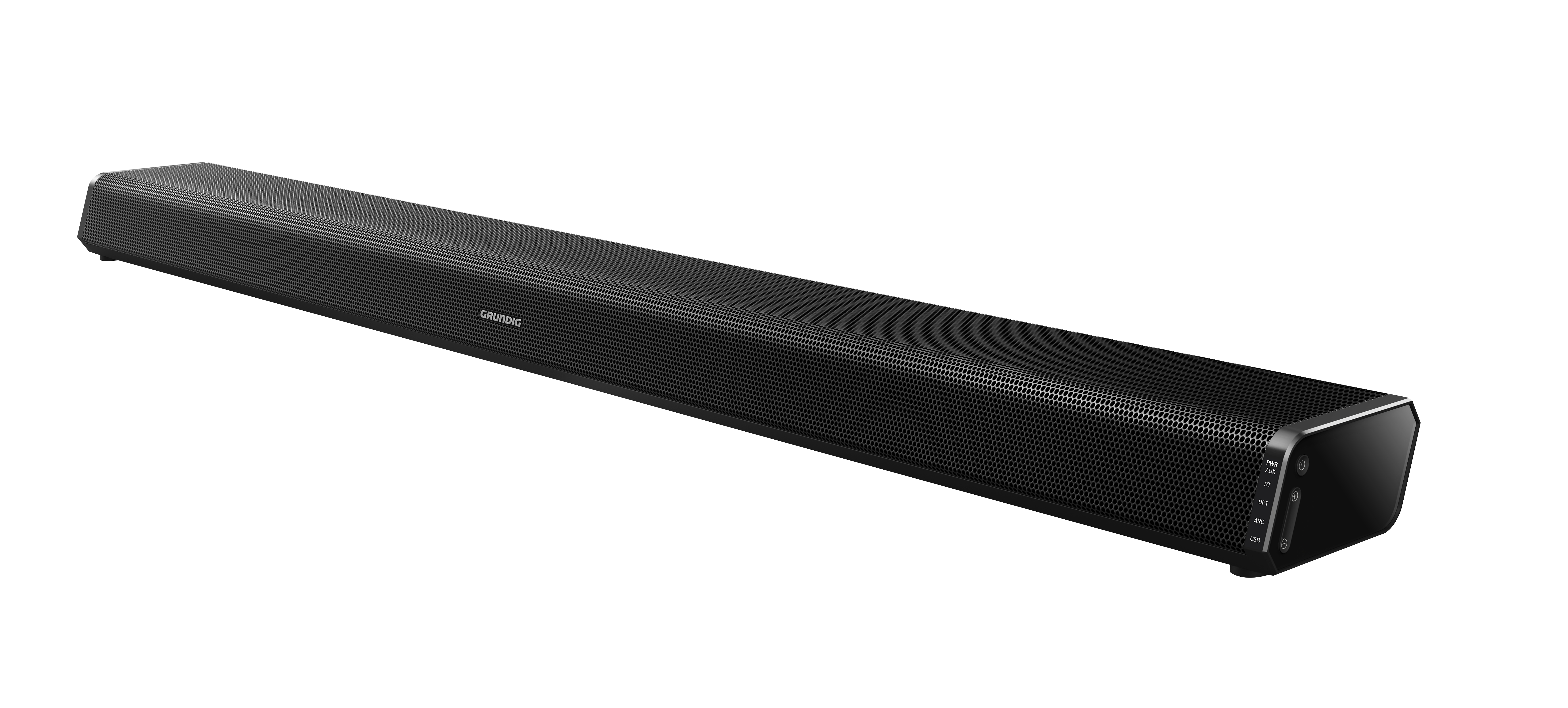 Siyah bir arka plan üzerinde, hafif açılı duran siyah bir soundbar.