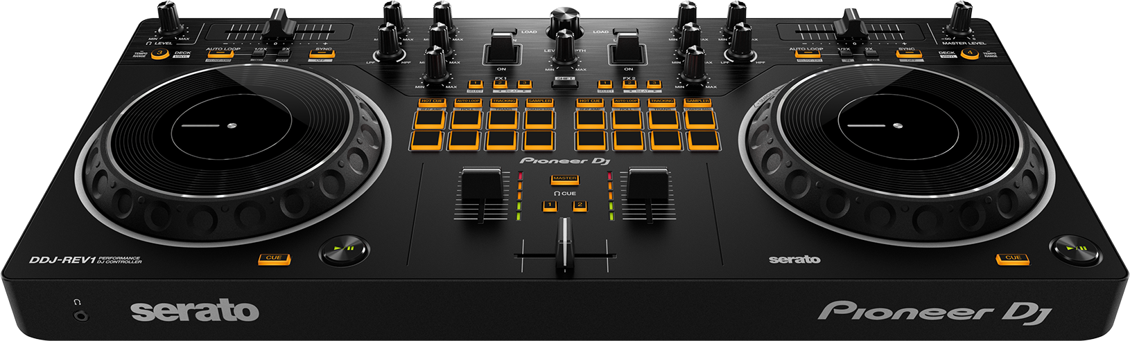Schwarzer Pioneer DJ-Controller mit Knöpfen, Drehreglern und Jogwheels. Es hat ein Serato-Logo.